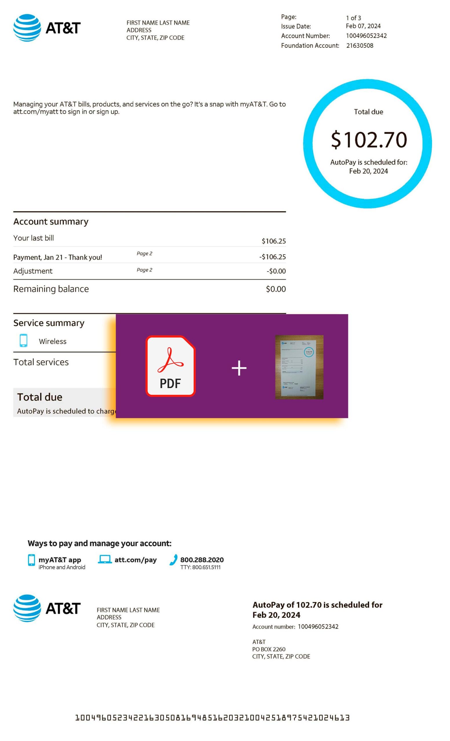 Downloadable {utility type} bill from At&t, {State} – banner included