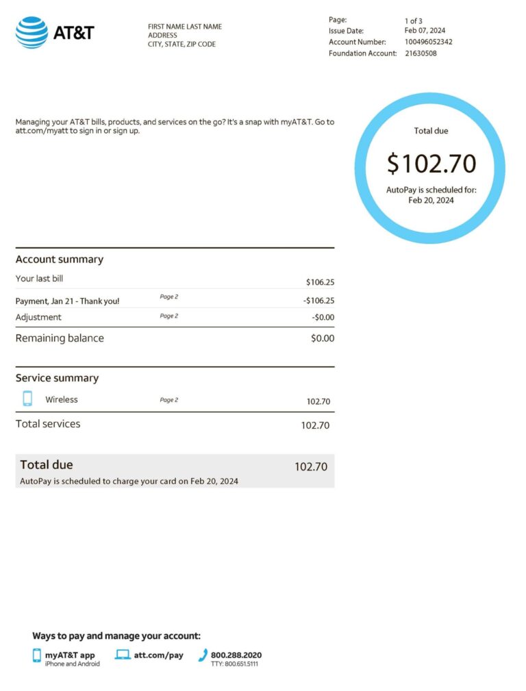Editable {utility type} bill template – {State} At&t sample in PDF