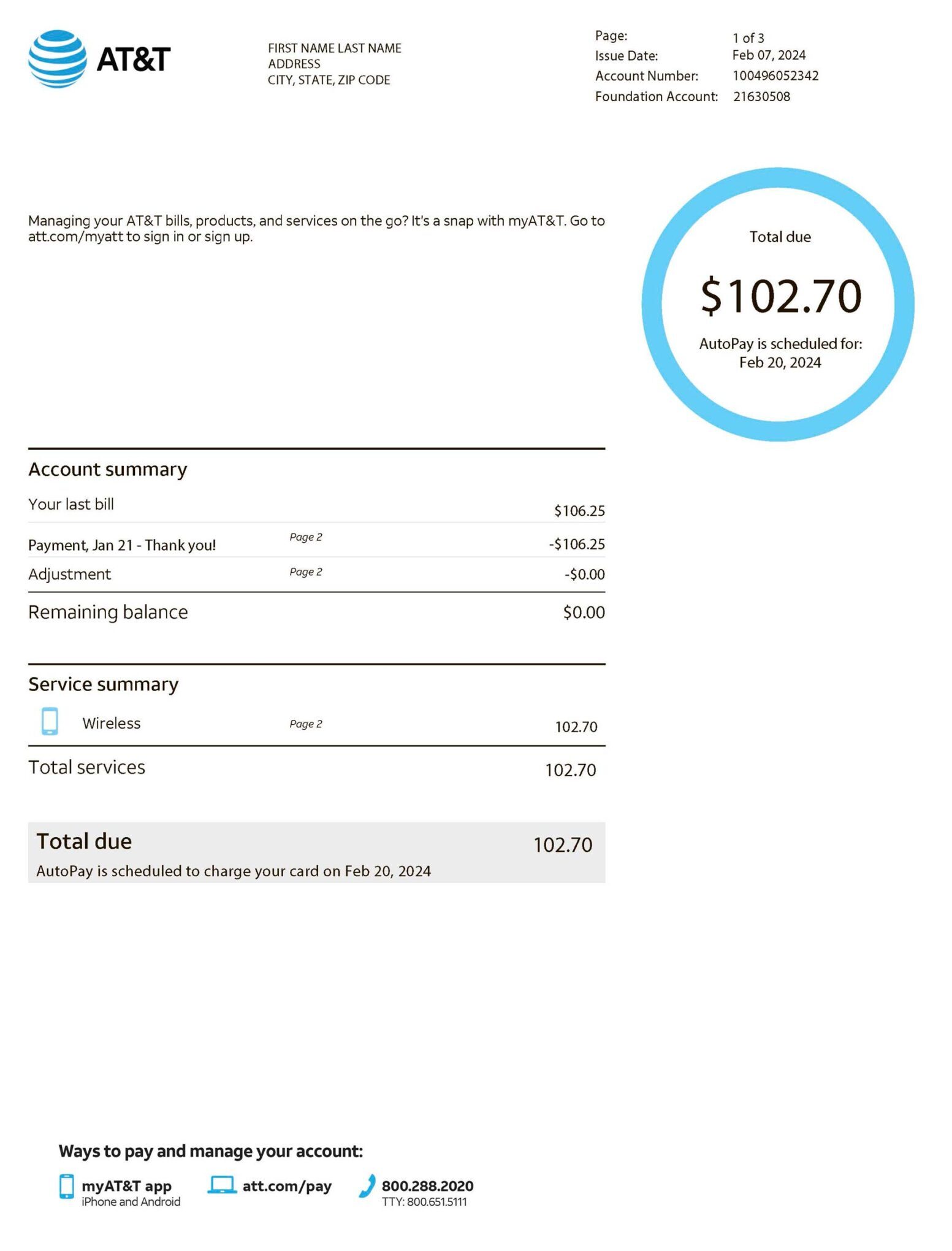 Editable {utility type} bill template – {State} At&t sample in PDF