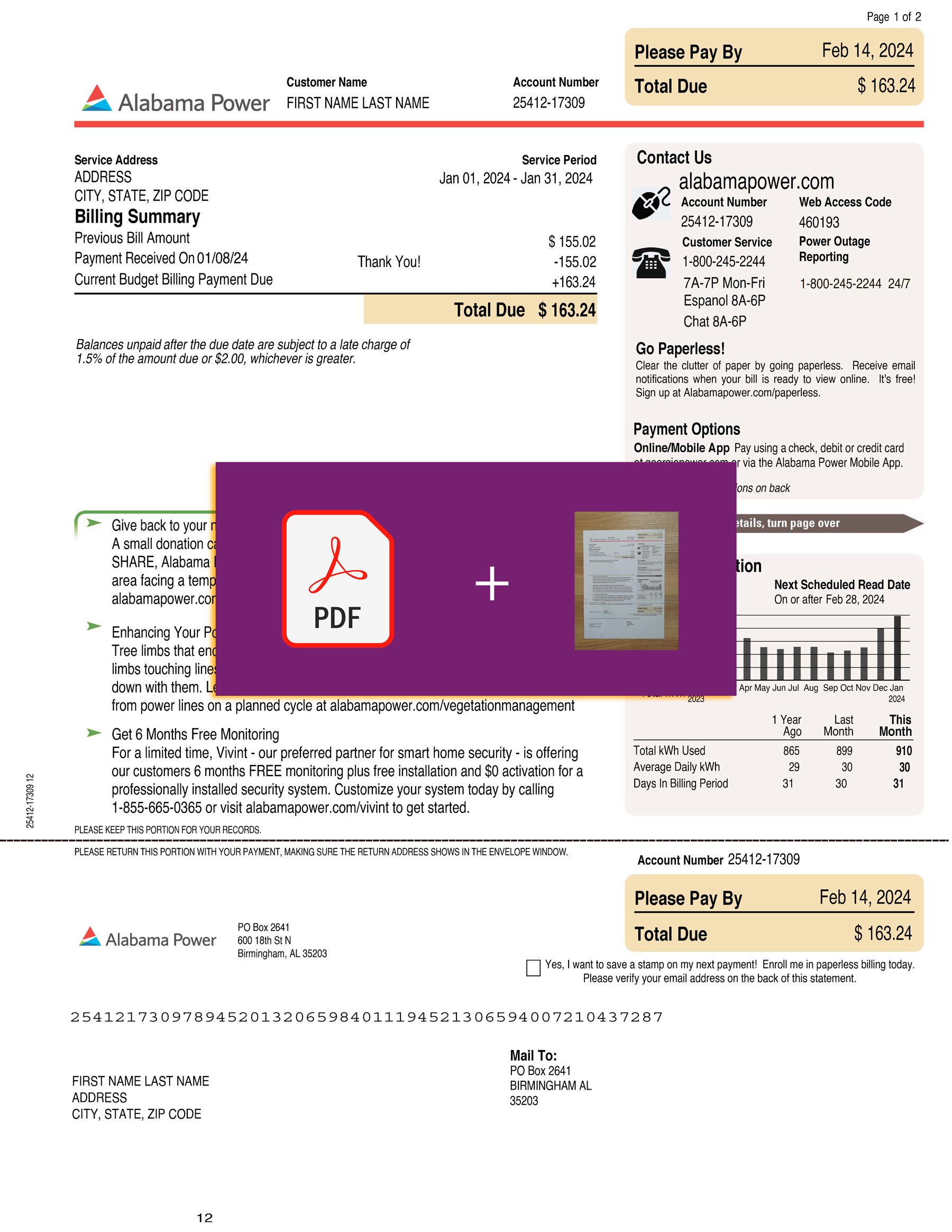 Alabama Power document for {State} – proof-of-address label applied