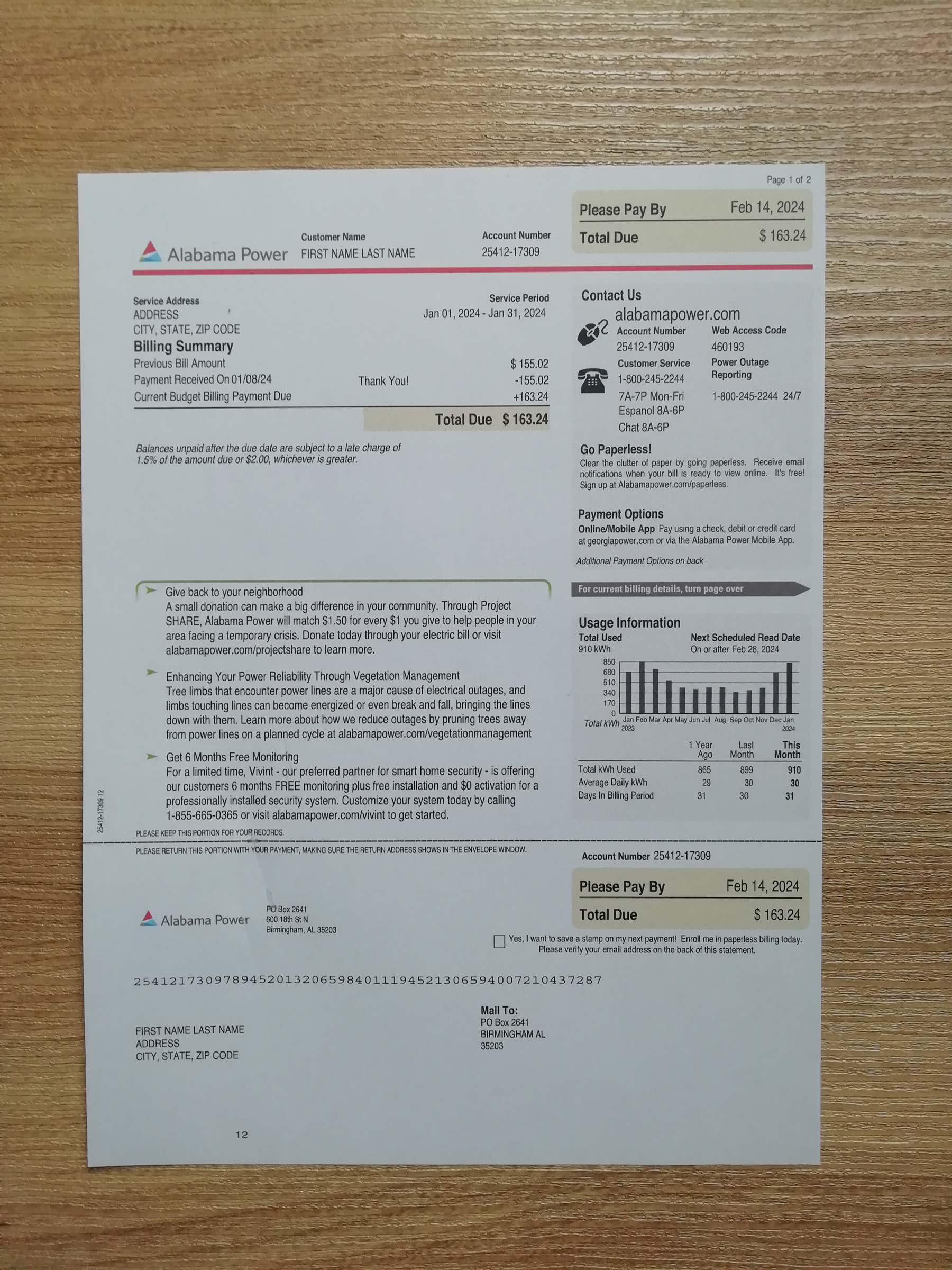 Real photo of Alabama Power bill – physical evidence for residence