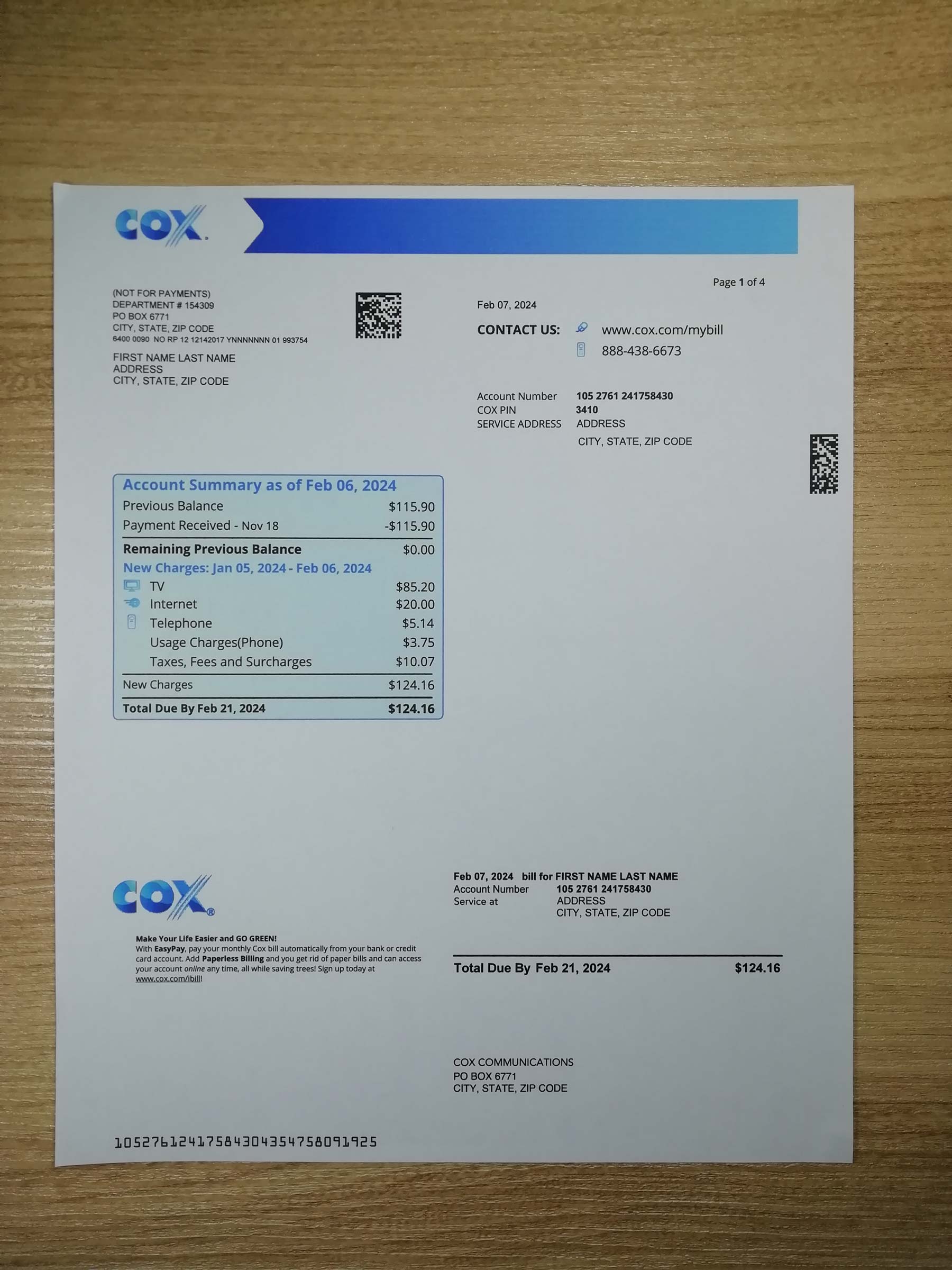 Visual example of printed COX utility bill in {State}