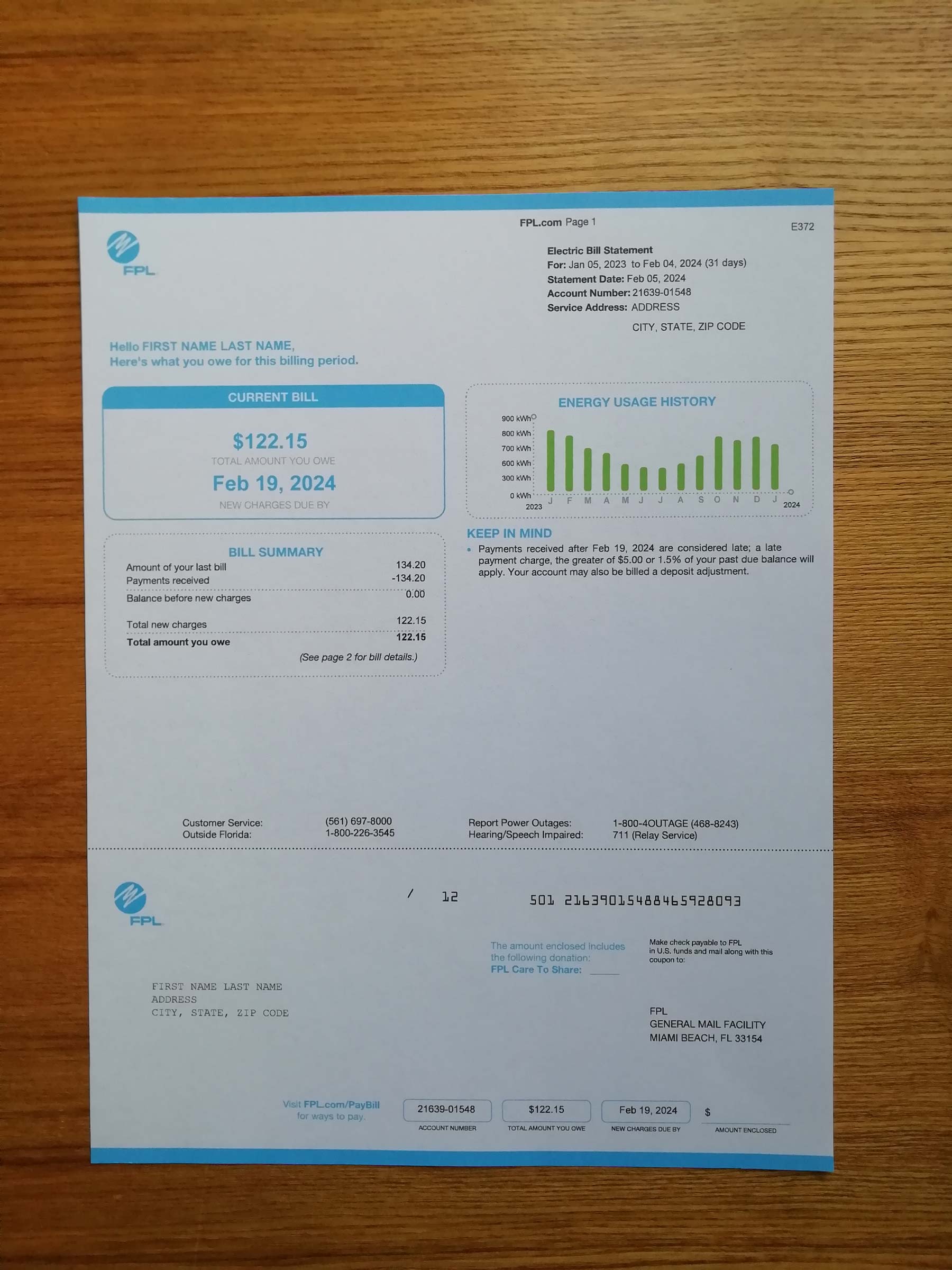 Authentic printed FPL bill from {State} – proof of address example