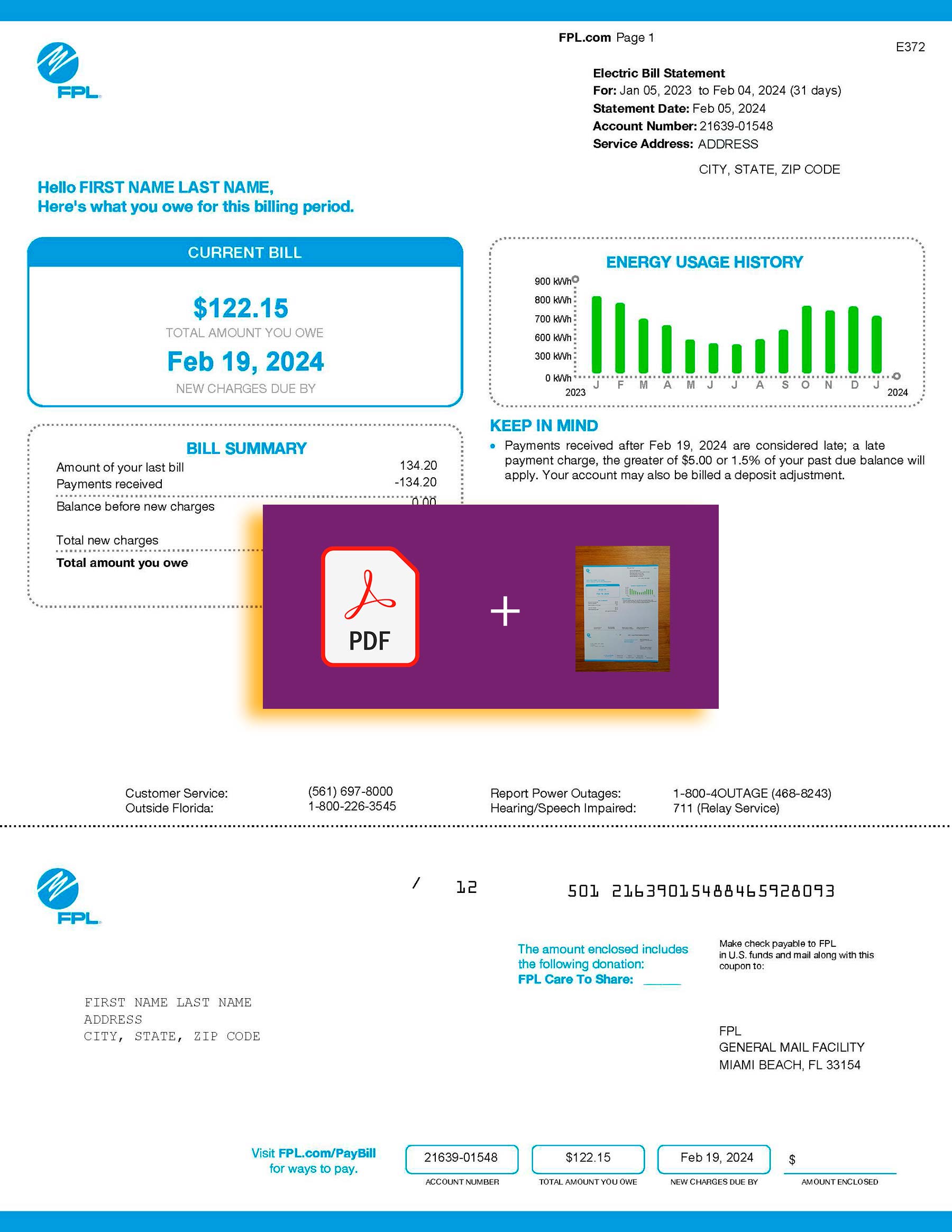Downloadable {utility type} bill from FPL, {State} – banner included
