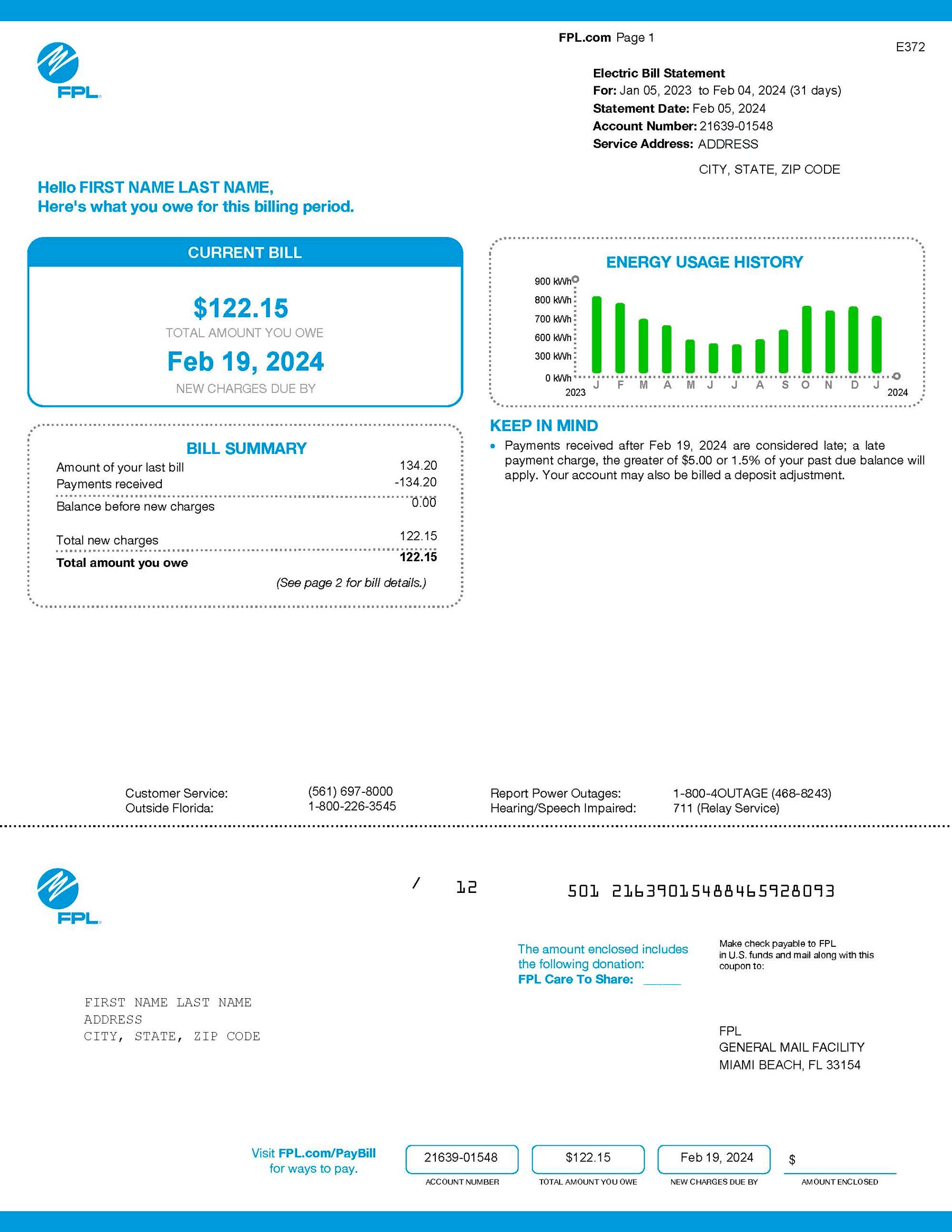 FPL {utility type} statement from {State} – modifiable PDF template
