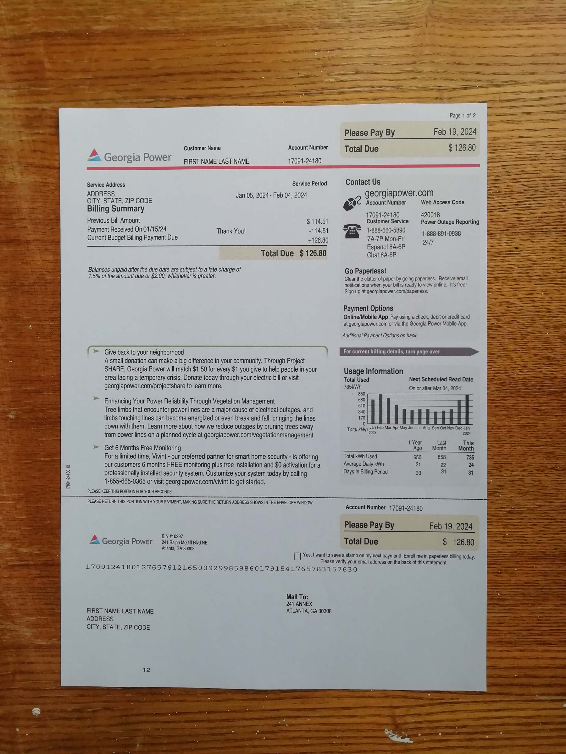 Printed Georgia Power utility bill – real photo for document verification