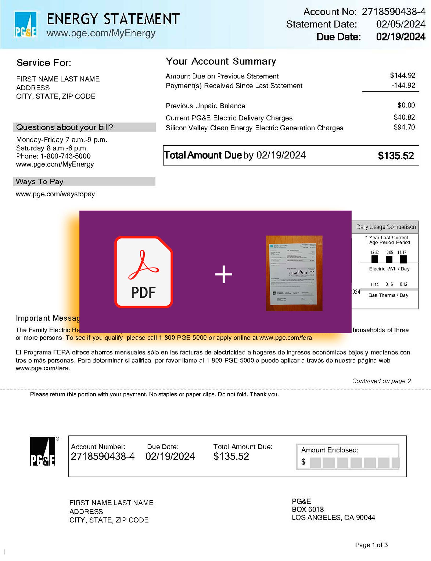 {State} PG&E bill template – includes authenticity banner