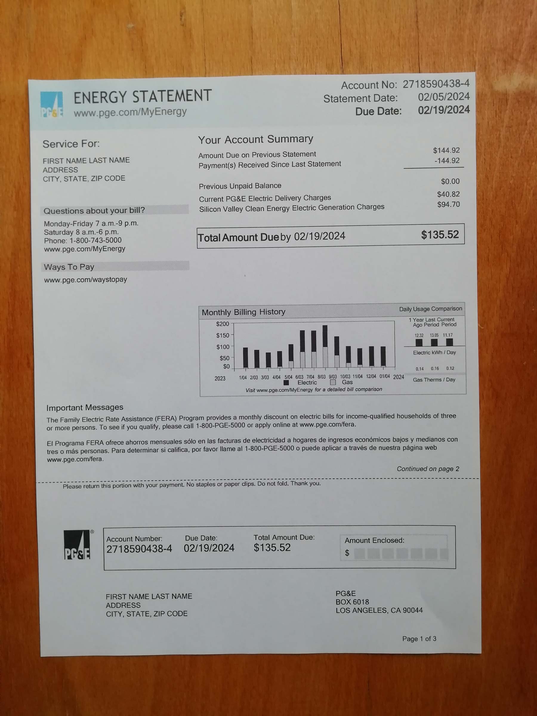 Visual example of printed PGE utility bill in {State}