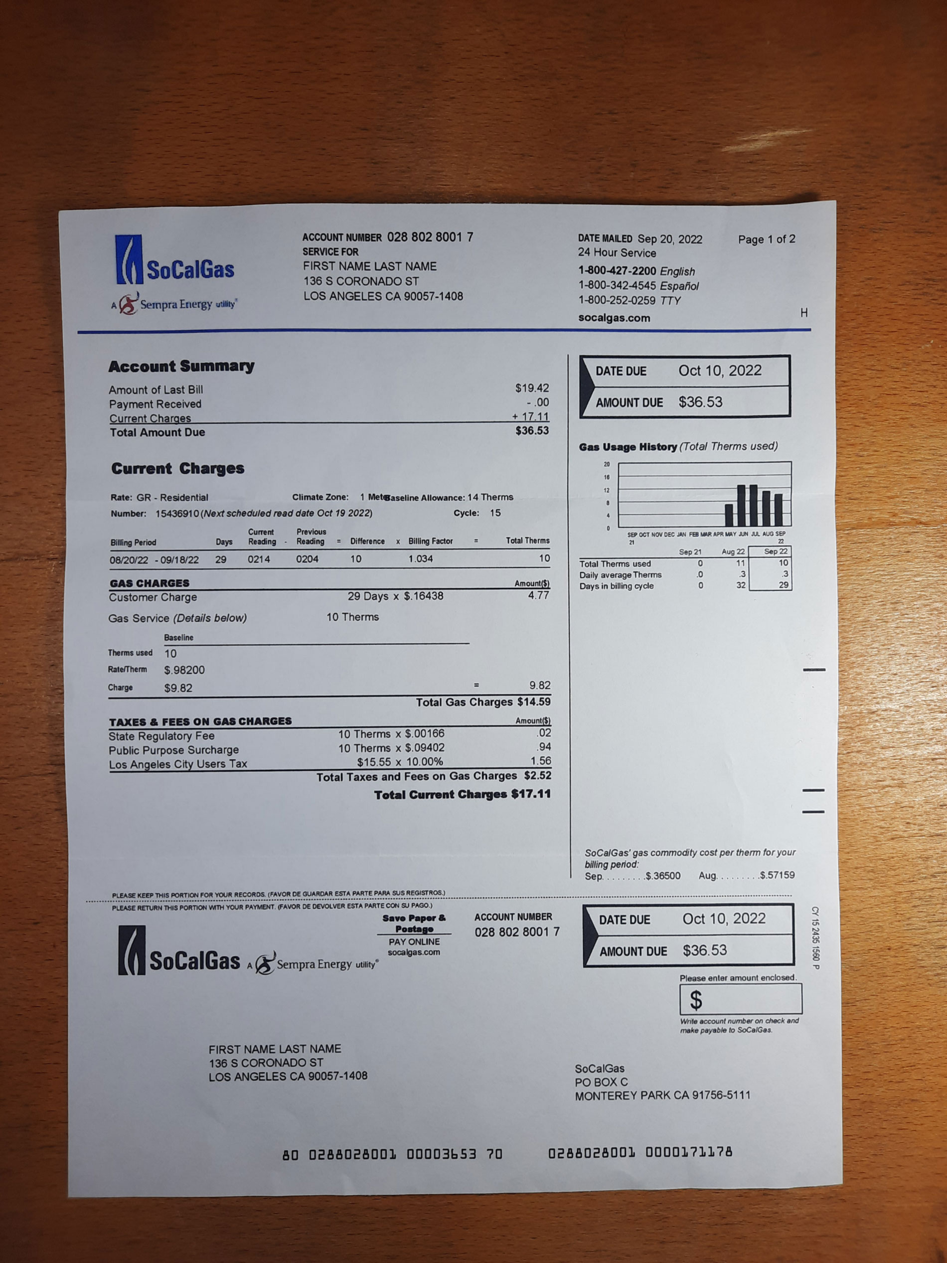 SoCalGas utility bill template