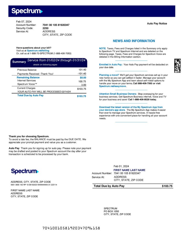 Spectrum {utility type} statement from {State} – modifiable PDF template