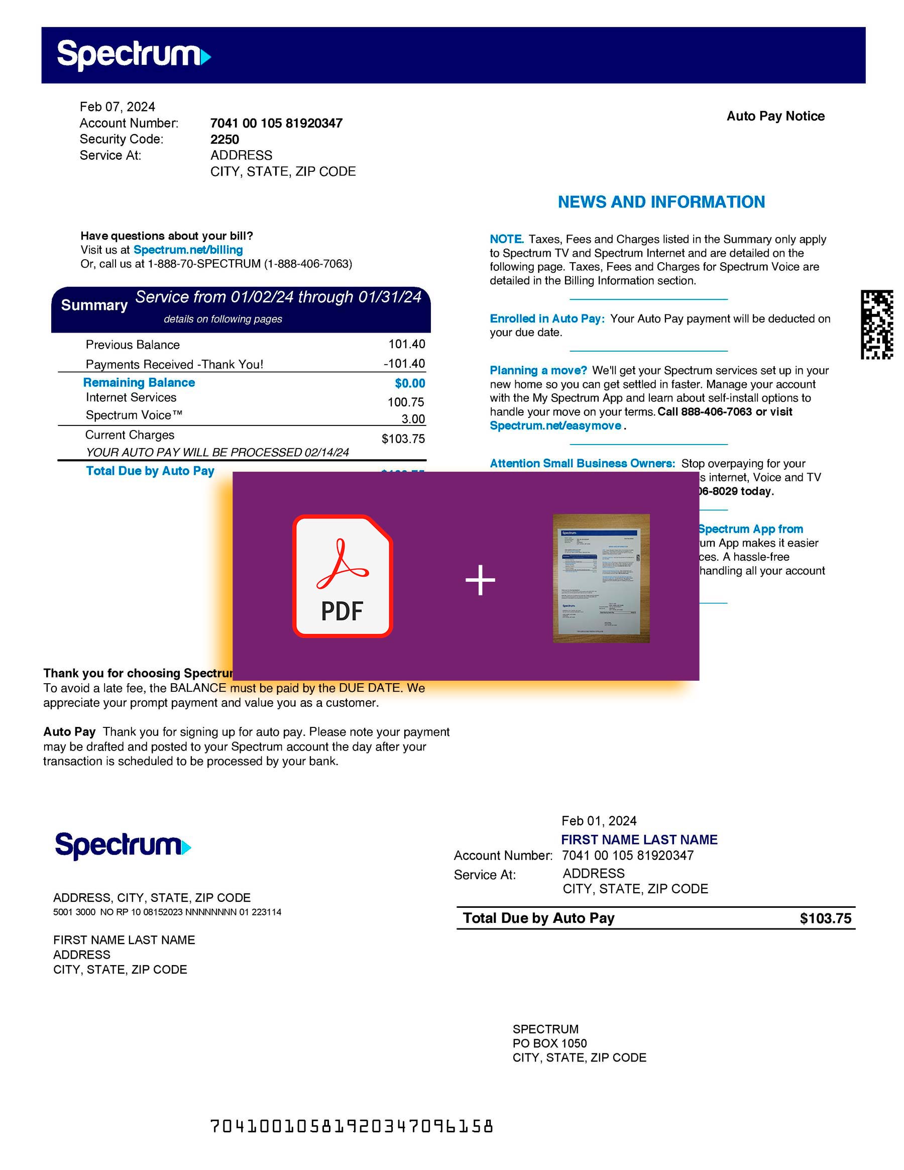 Downloadable {utility type} bill from Spectrum, {State} – banner included