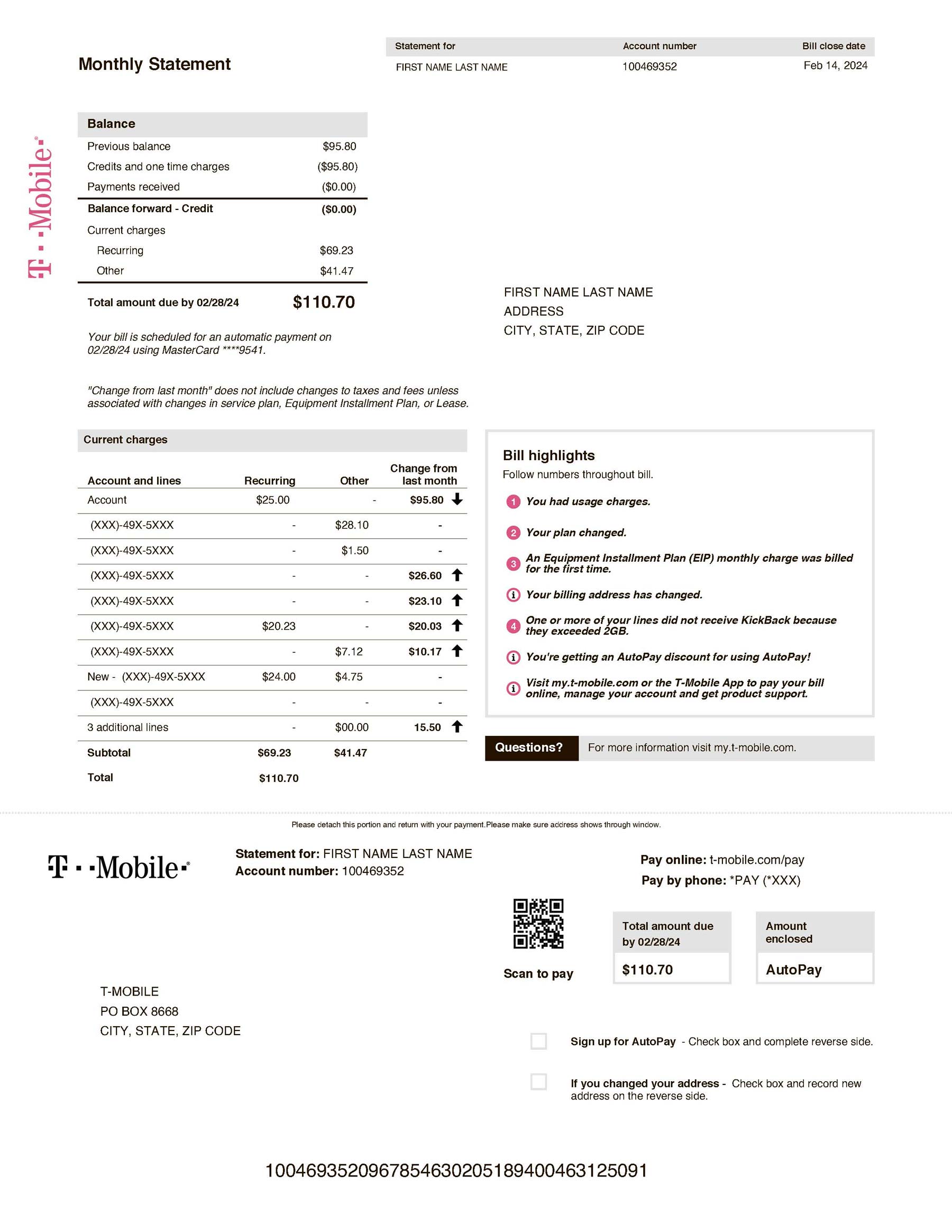 PDF Clean layout of T-mobile {utility type} bill – editable US version