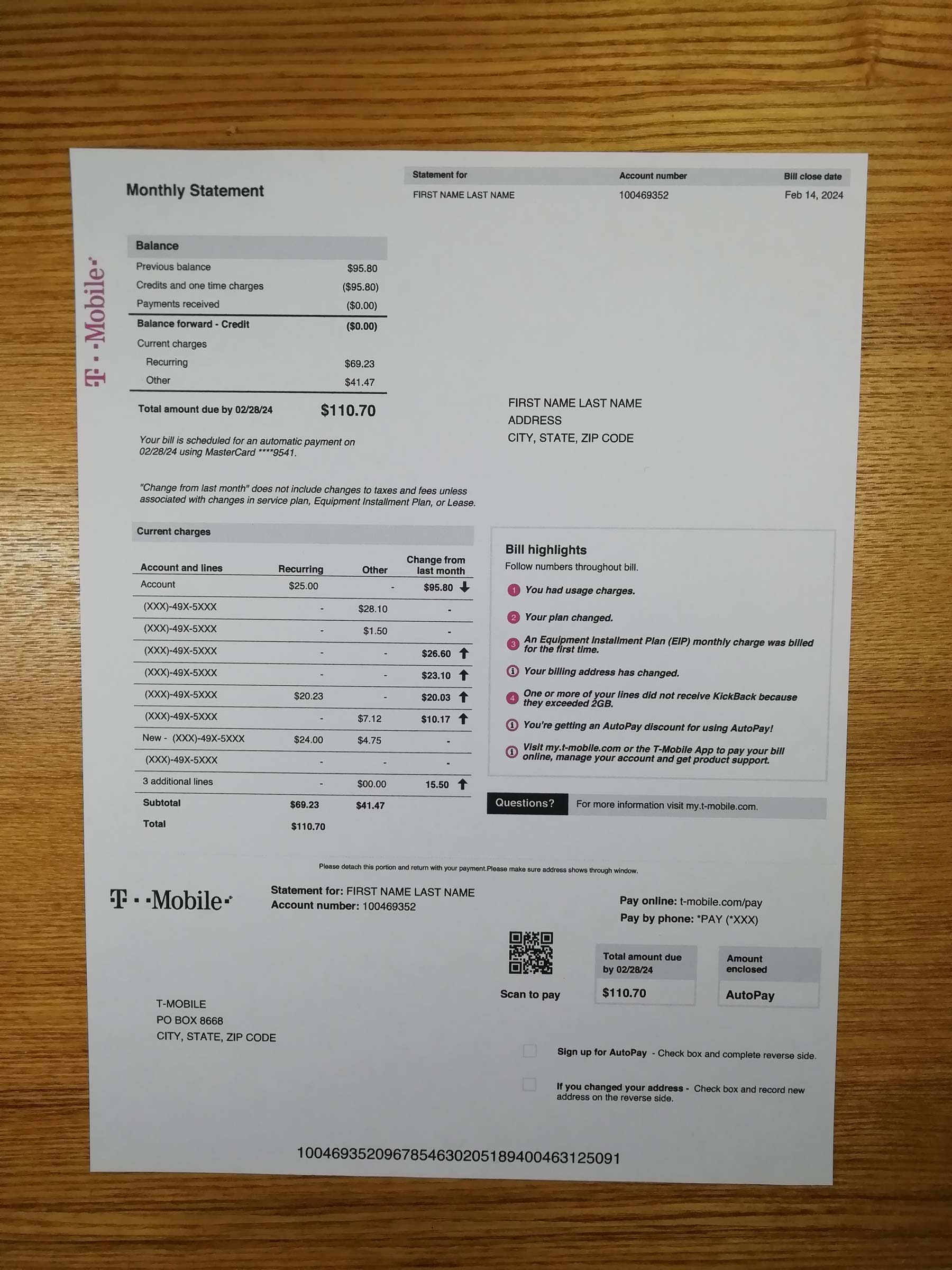 Visual example of printed T-mobile utility bill in US