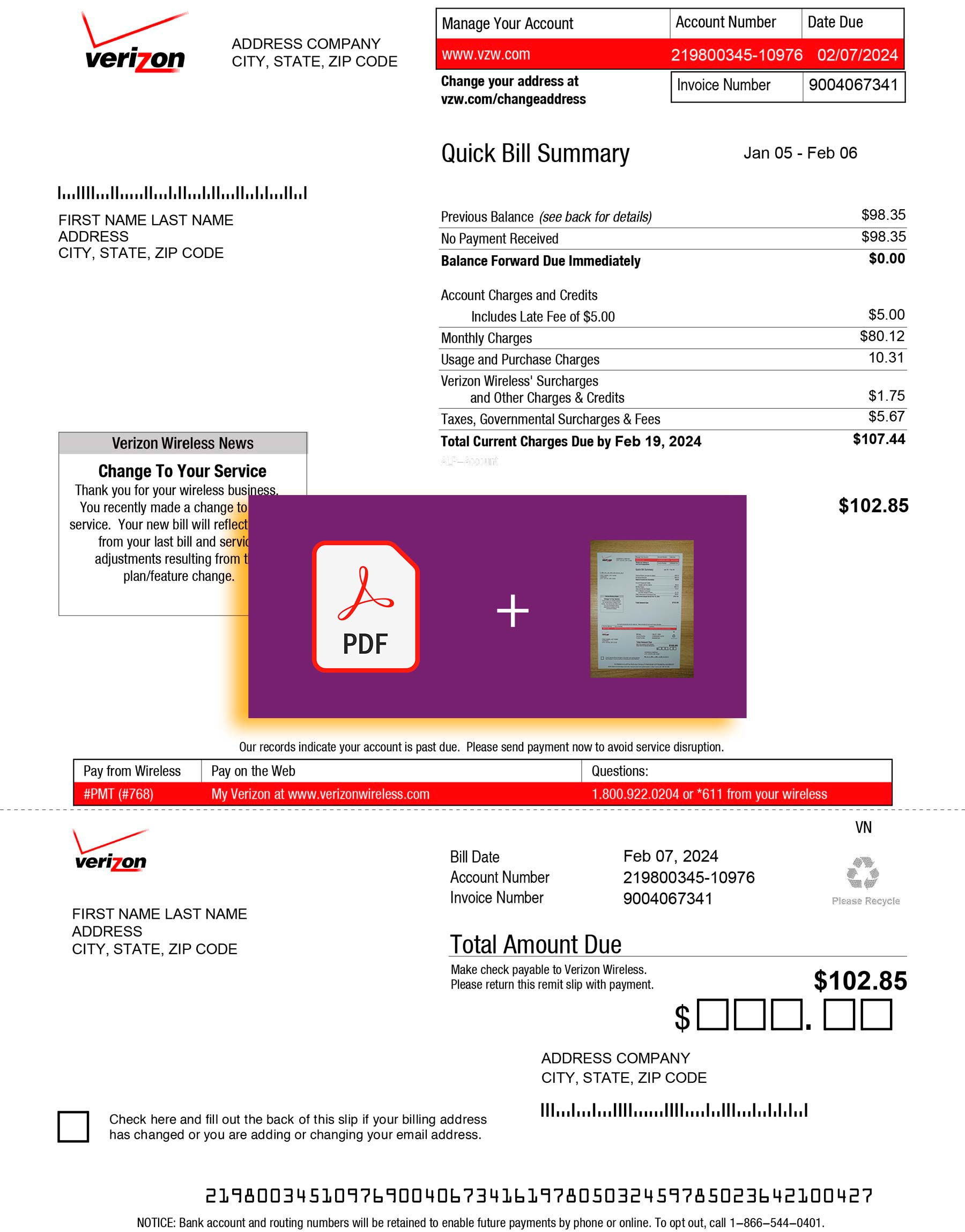 Verified US Verizon statement – PDF with visual watermark