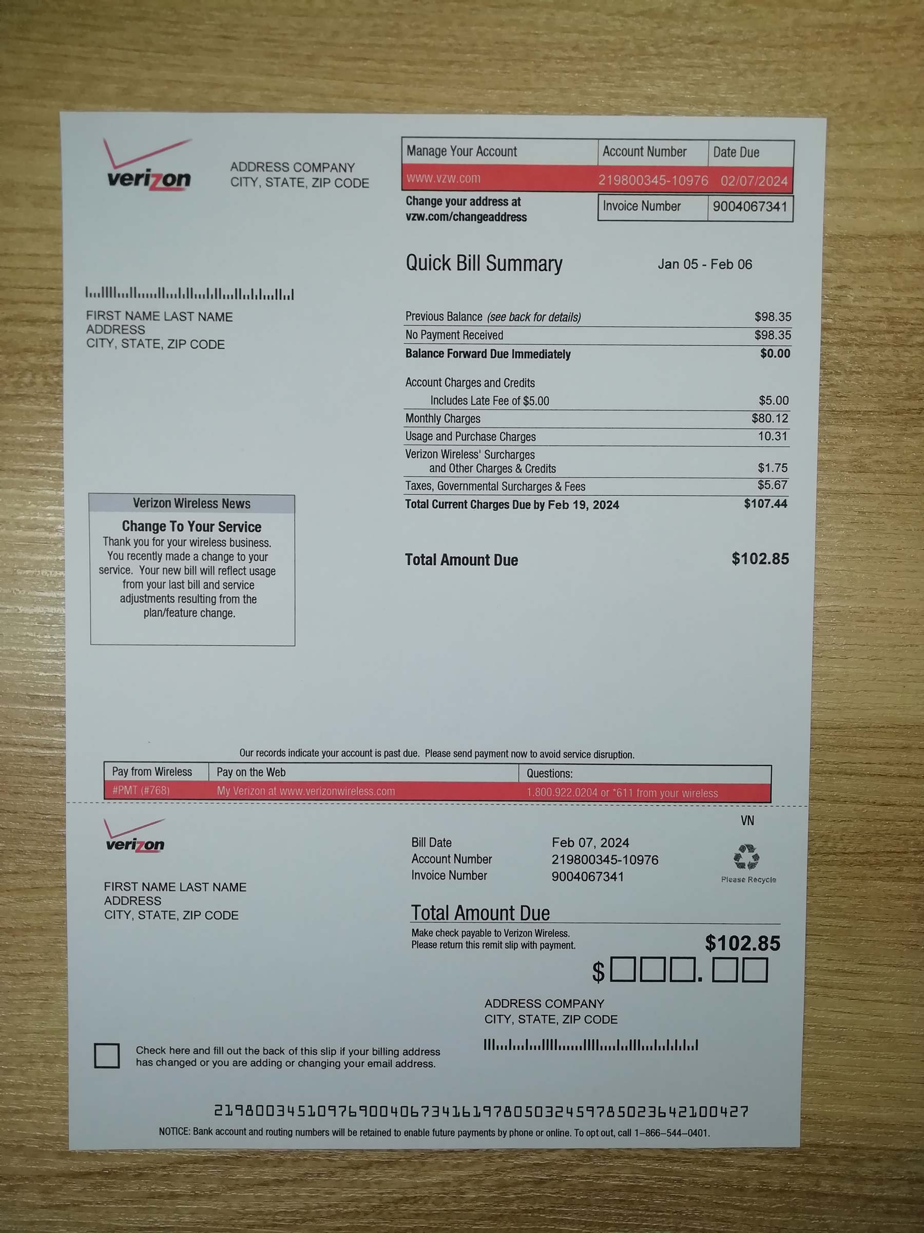 Verizon utility bill template old