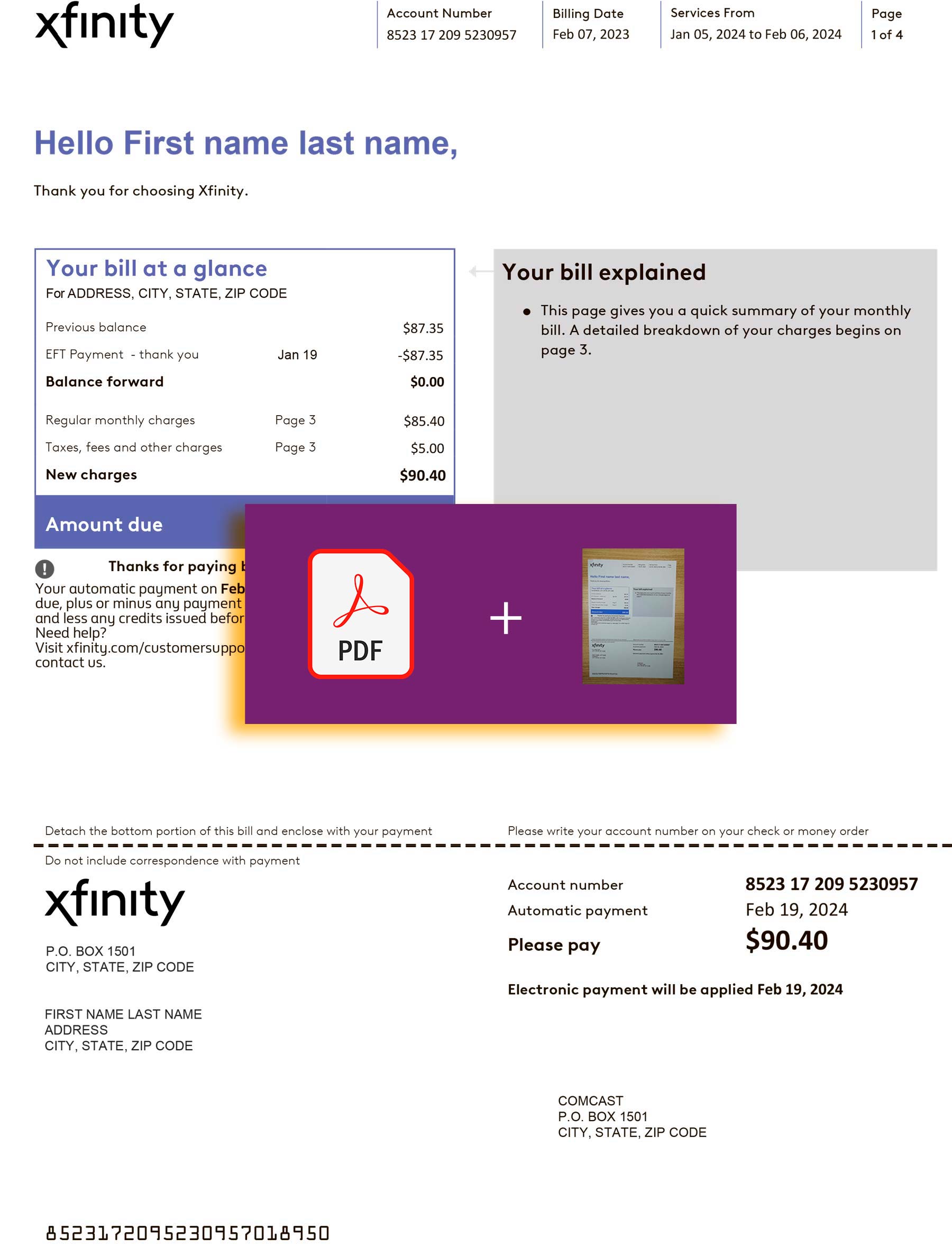 Verified Xfinity statement – PDF with visual watermark
