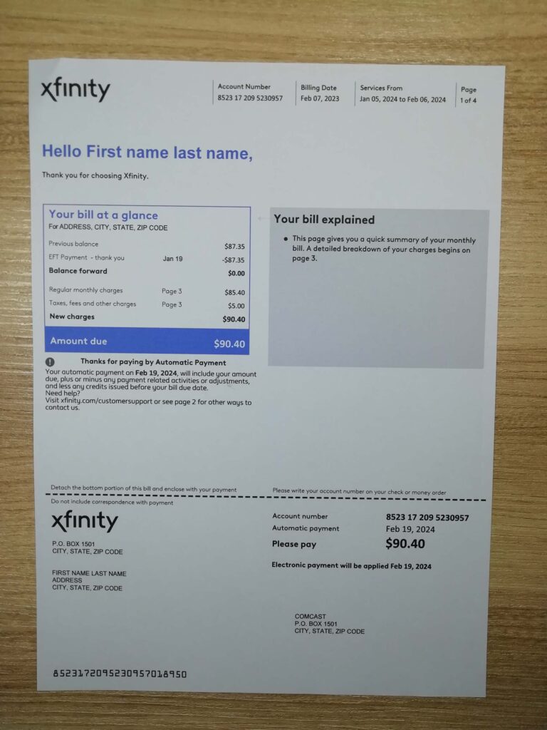 Xfinity Utility bill template
