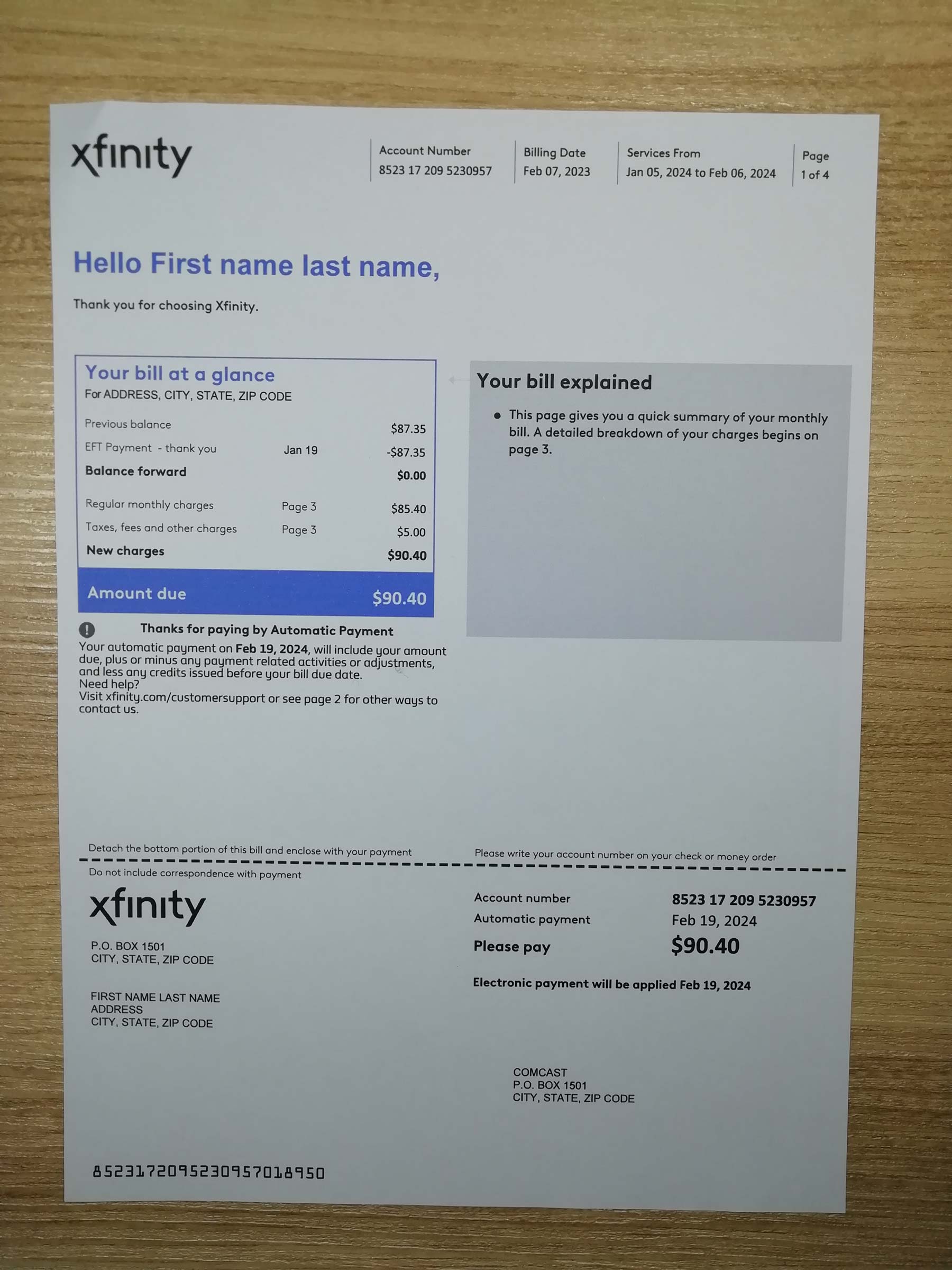 Real photo of US Xfinity bill – physical evidence for residence