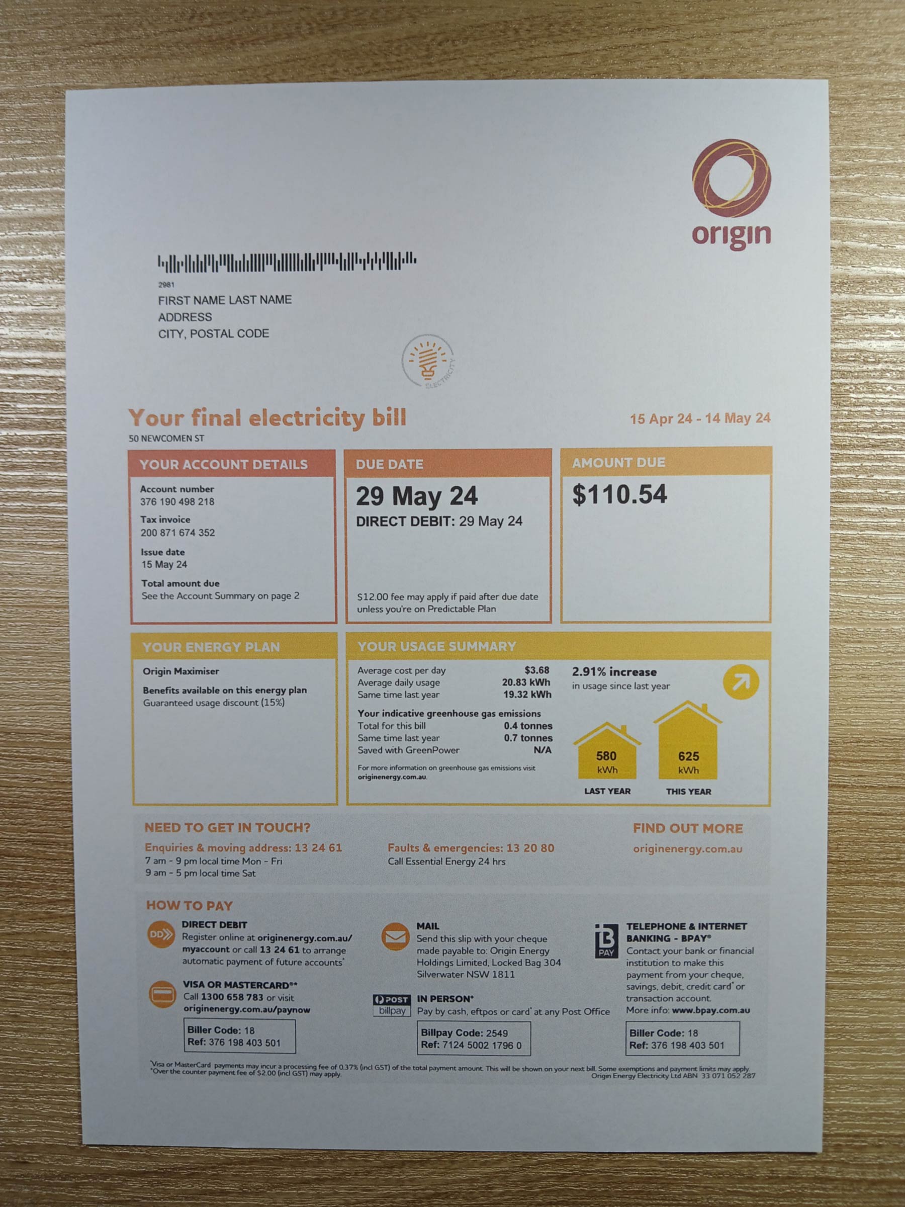 Visual example of printed {Provider} utility bill in {State}