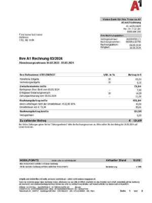 austria A1 Clean layout of A1 {utility type} bill – editable {State} version