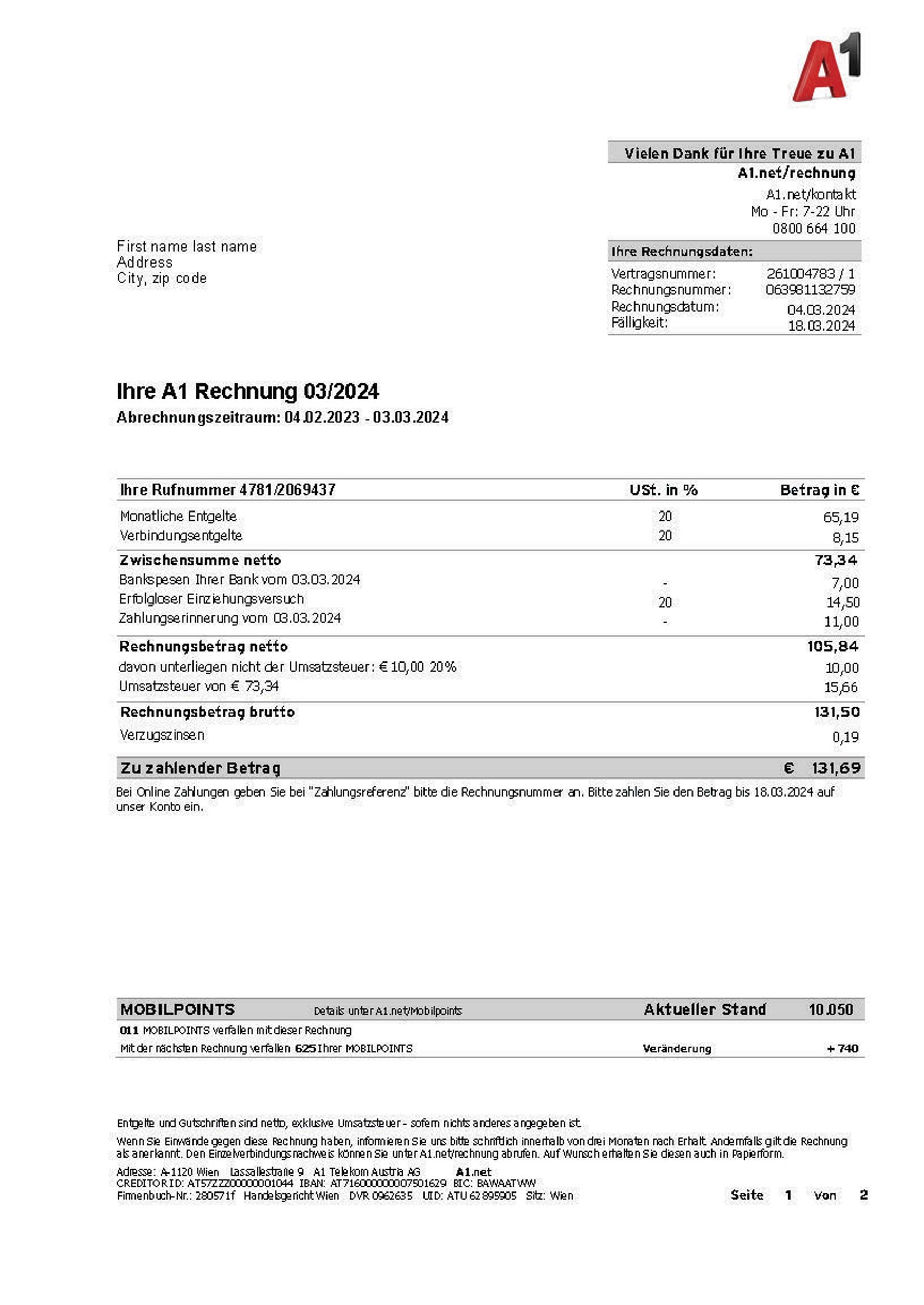 austria A1 Clean layout of A1 {utility type} bill – editable {State} version