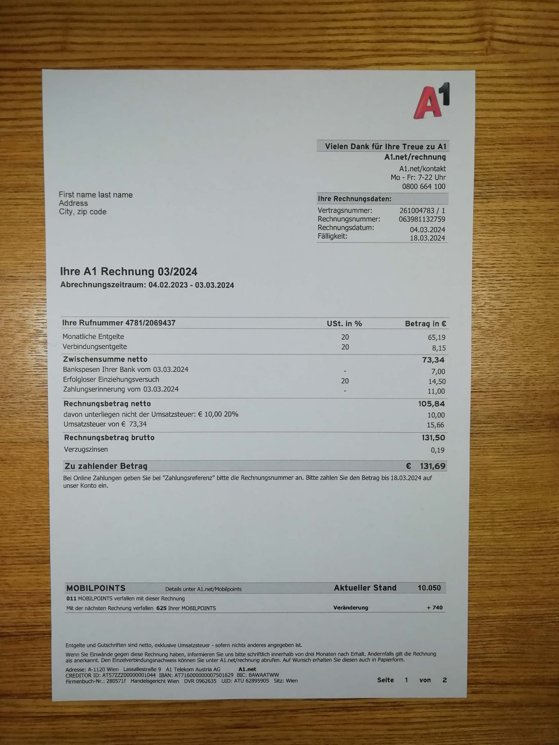 austria A1 Visual example of printed A1 utility bill in {State}