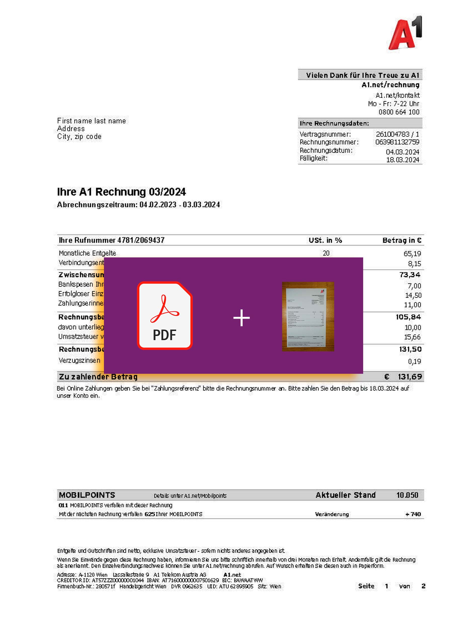 Austria Verified {State} A1 statement – PDF with visual watermark