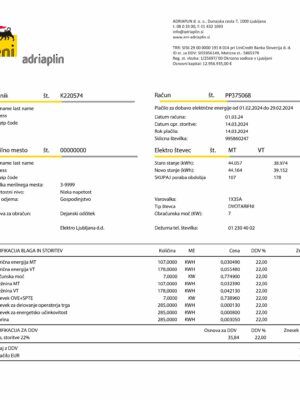 Clean layout of AdriaPlin {utility type} bill – editable {State} version