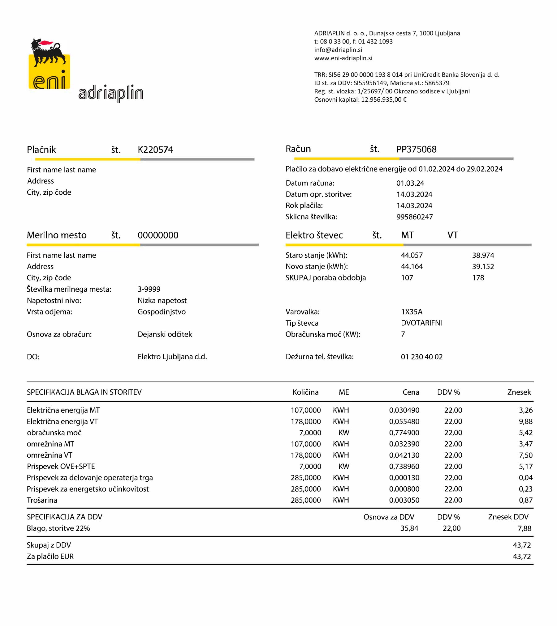Clean layout of AdriaPlin {utility type} bill – editable {State} version