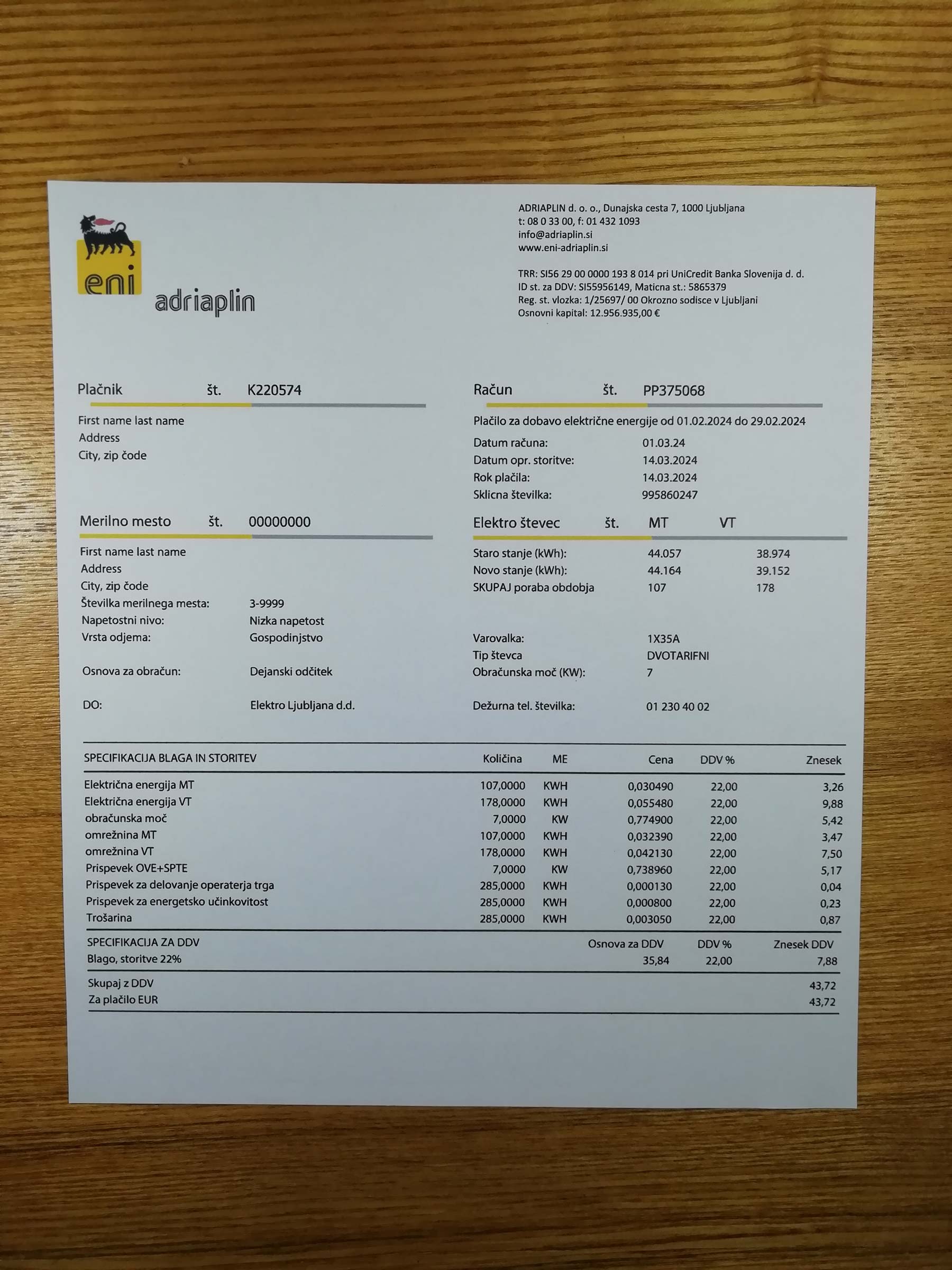 Slovenia Visual example of printed AdriaPlin utility bill in {State}