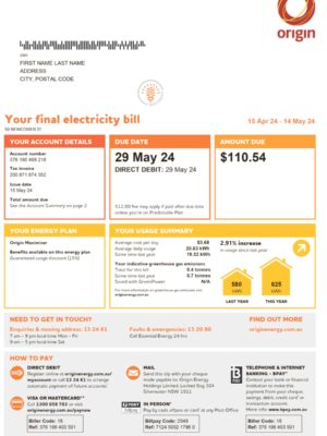 Clean layout of {Provider} {utility type} bill – editable {State} version