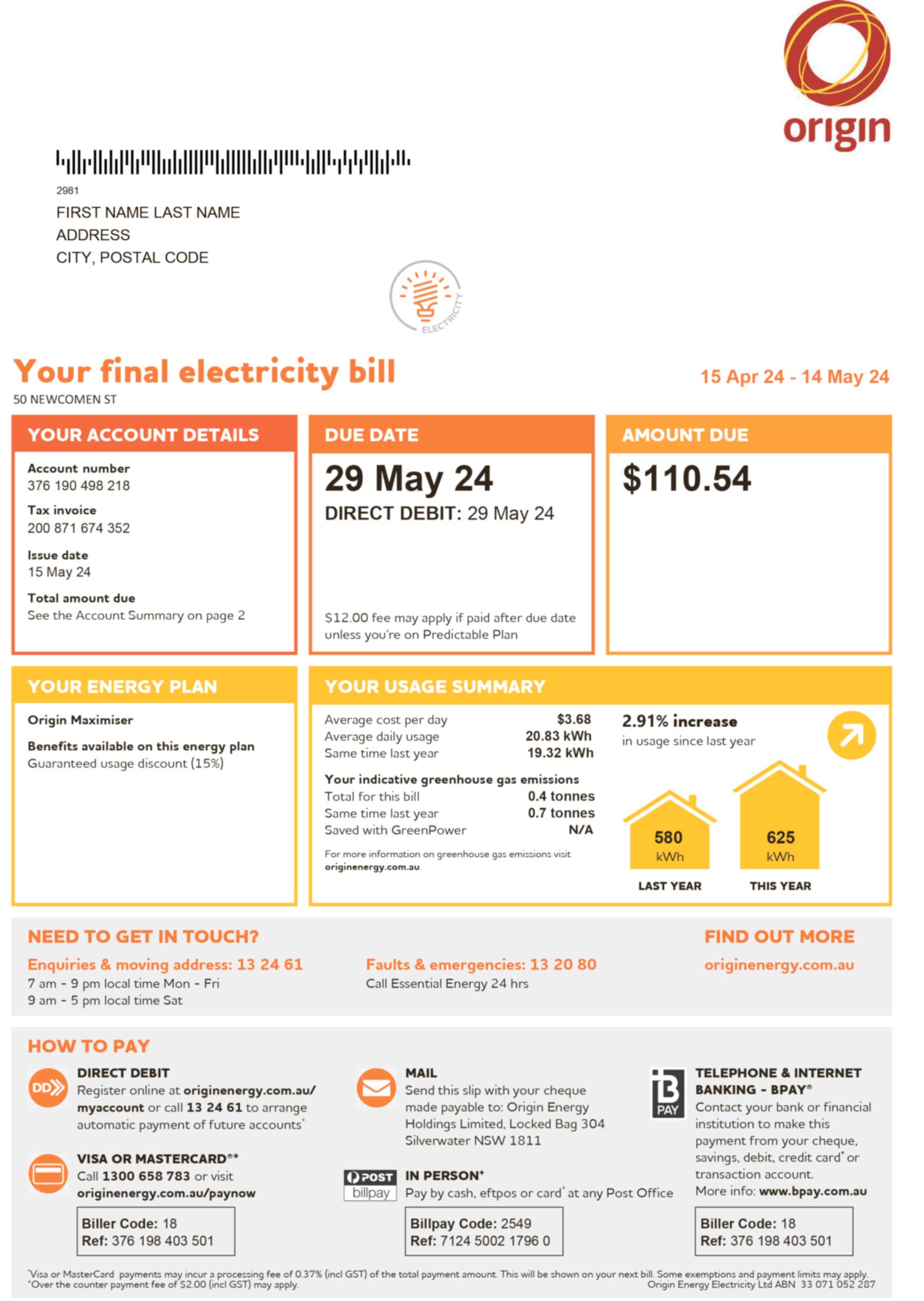 Clean layout of {Provider} {utility type} bill – editable {State} version