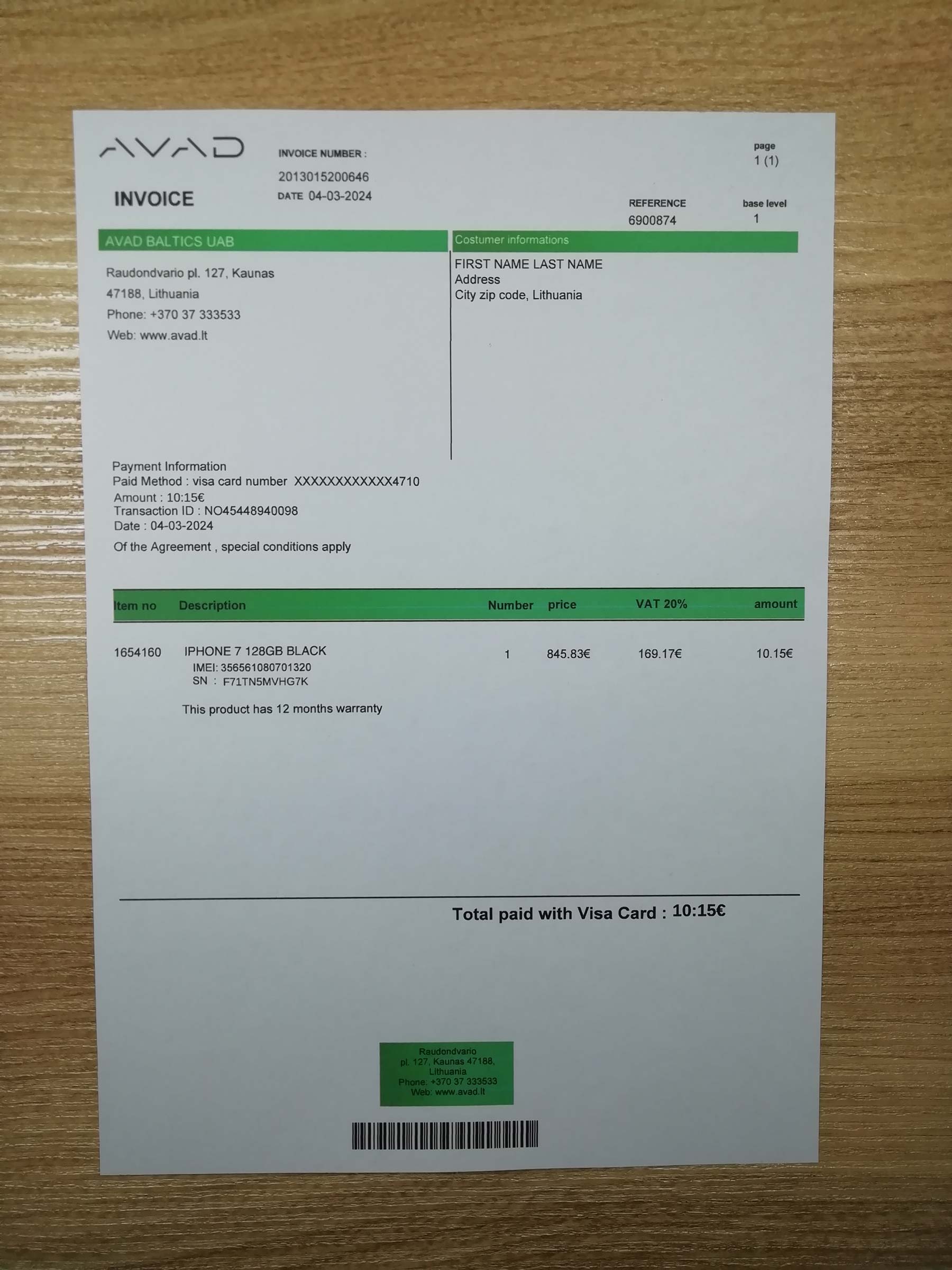 Lithuania Visual example of printed AVAD utility bill in {State}