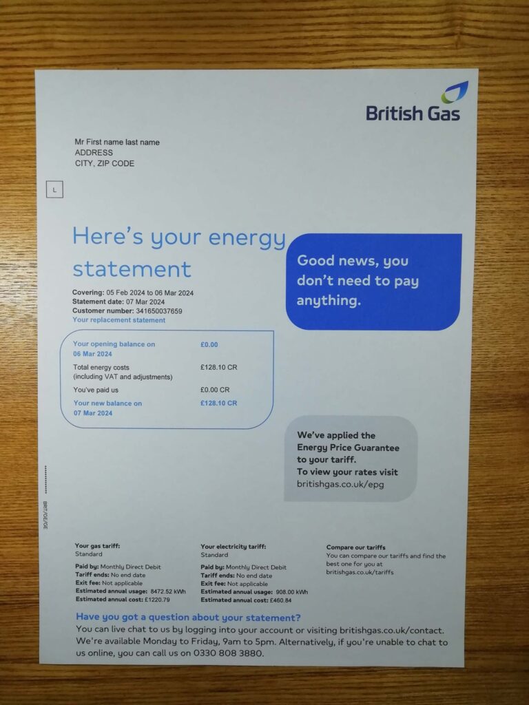 British Gas UK utility bill template