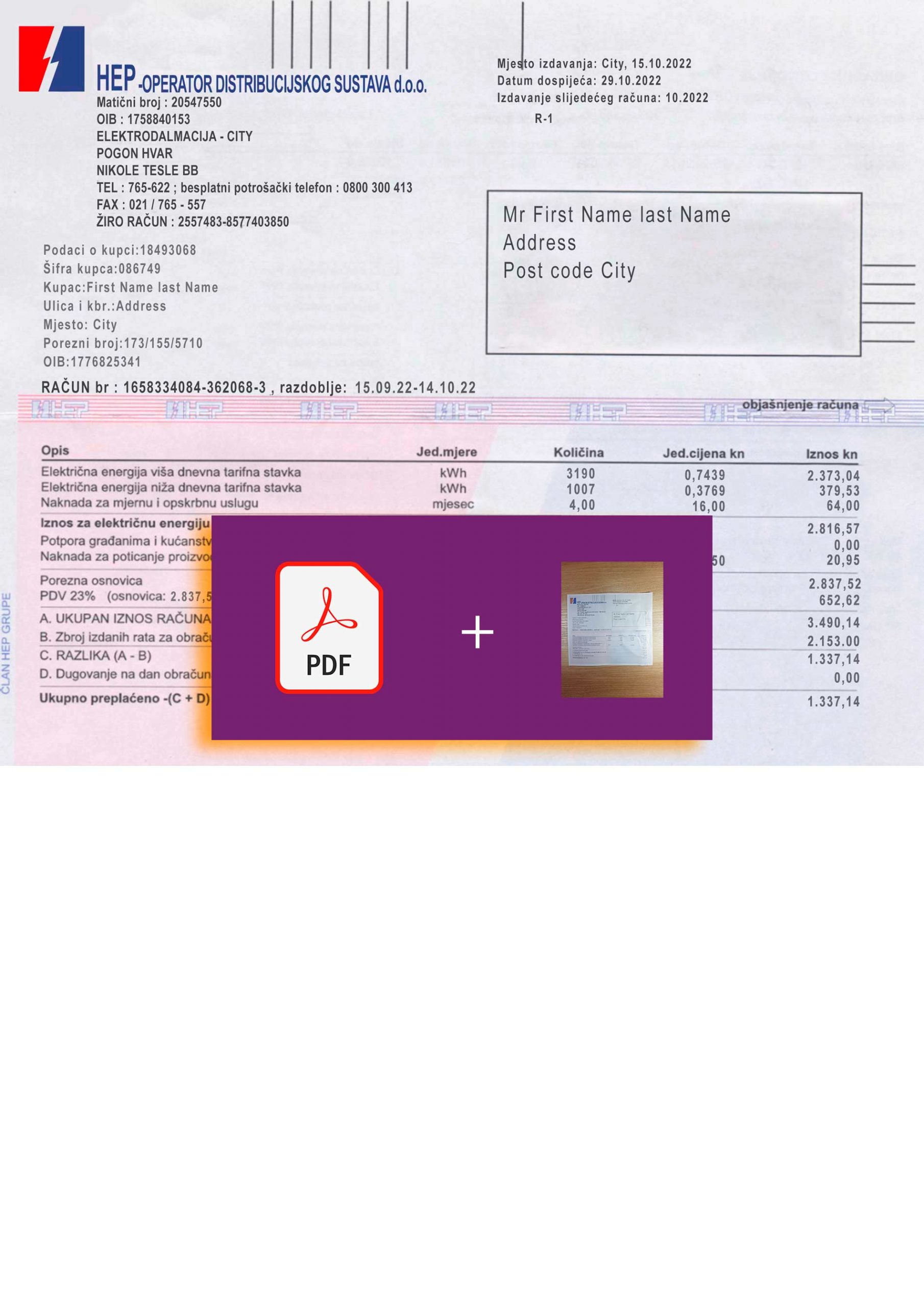 Croatia utility bill for proof of address