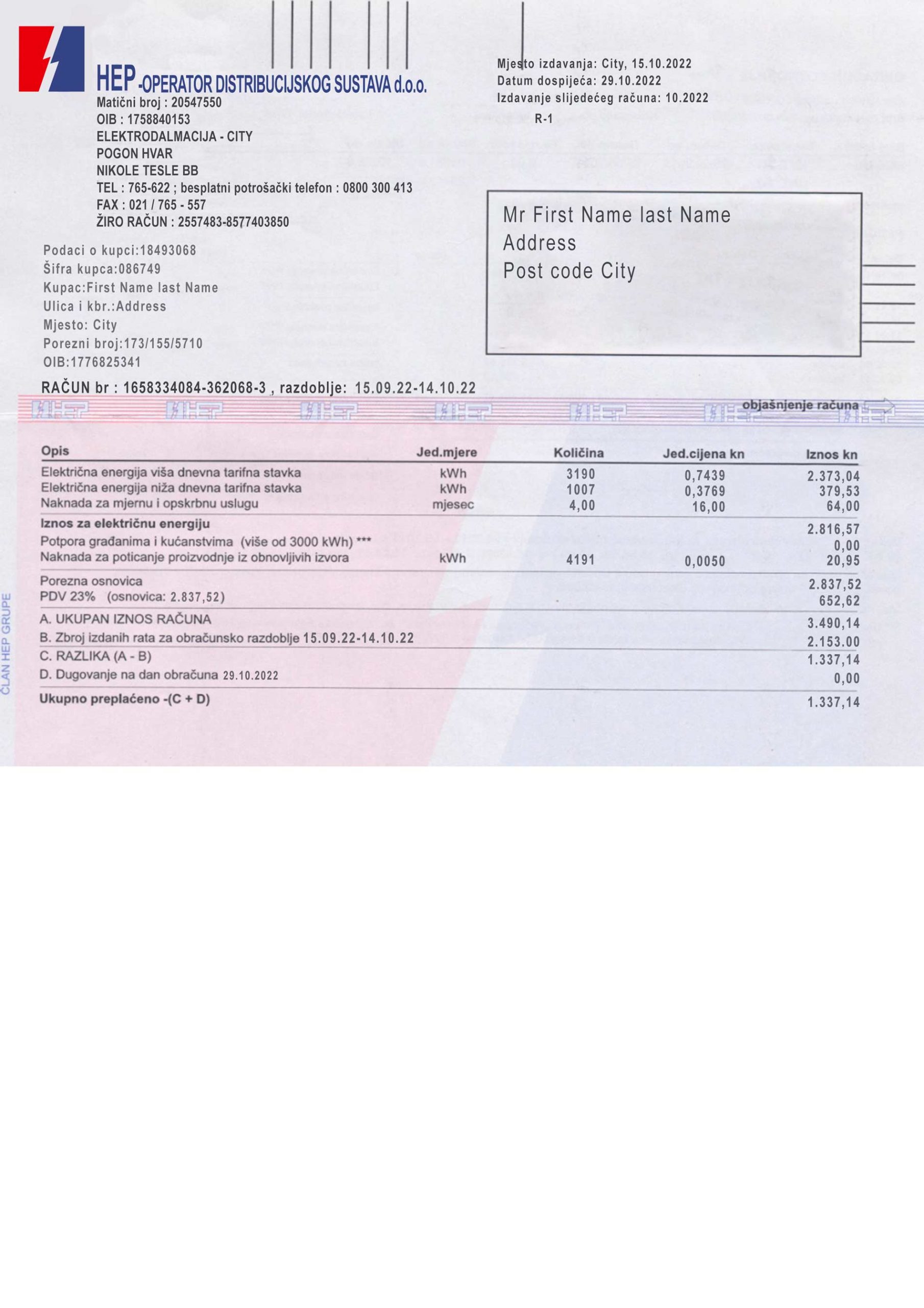 Croatia utility bill template