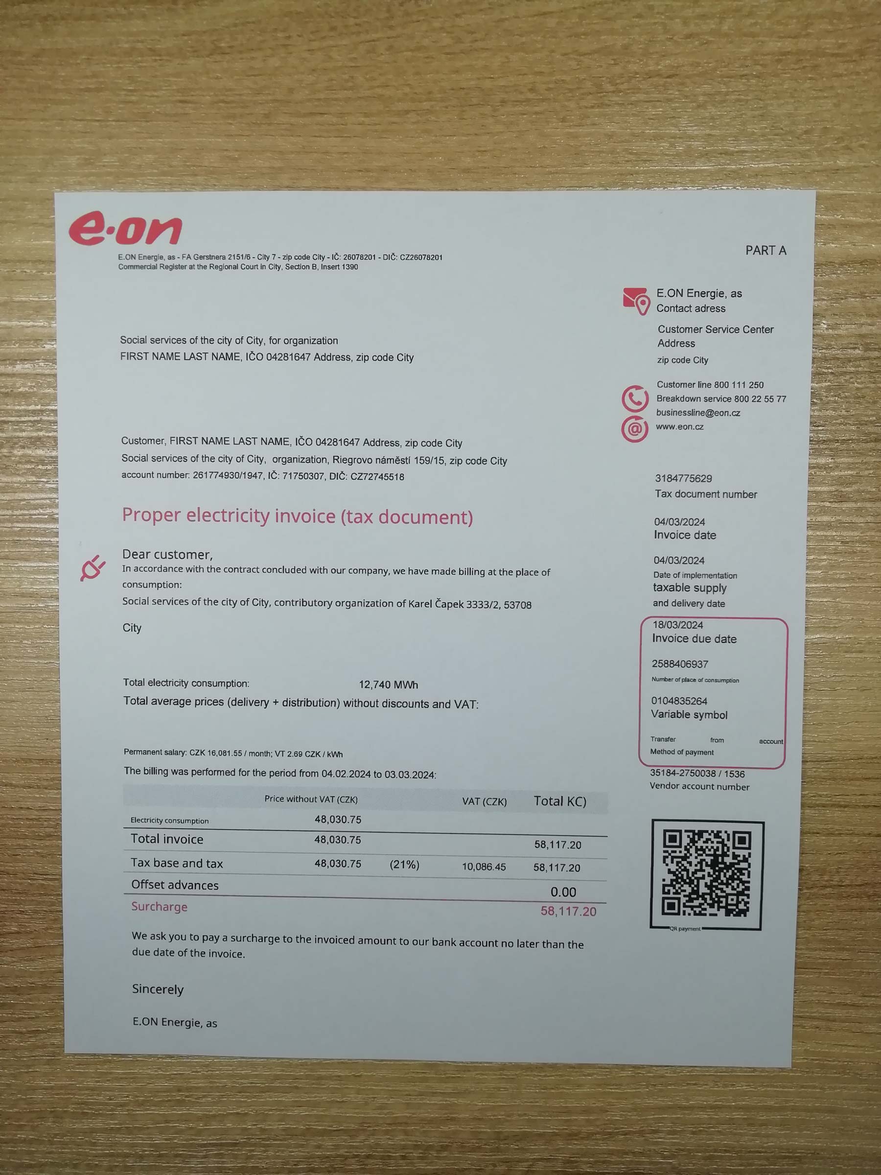 Real photo of Czech Republic e-on bill – physical evidence for residence