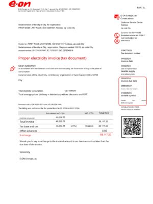 Czech Republic e-on {utility type} statement from {State} – modifiable PDF template