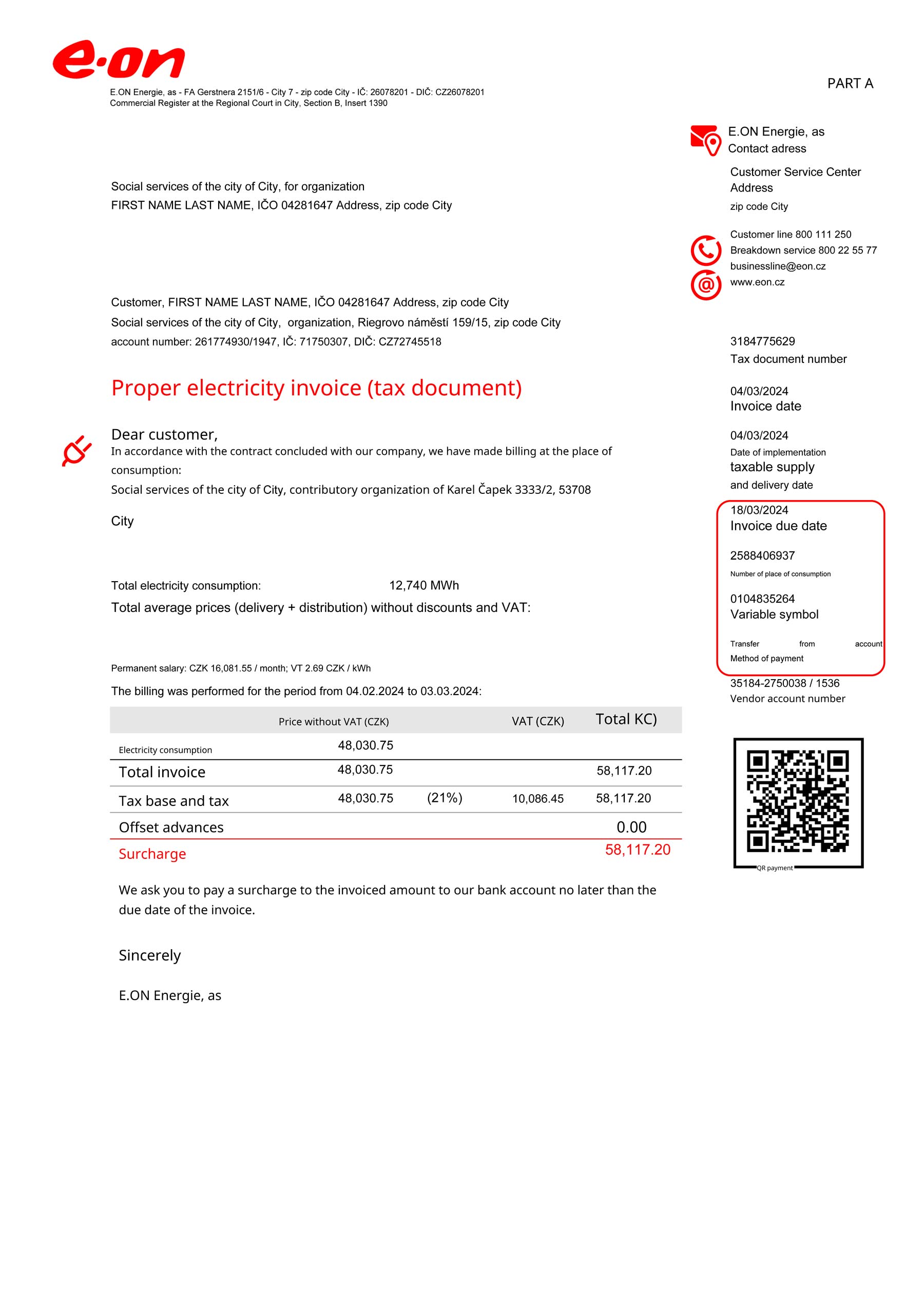 Czech Republic e-on {utility type} statement from {State} – modifiable PDF template