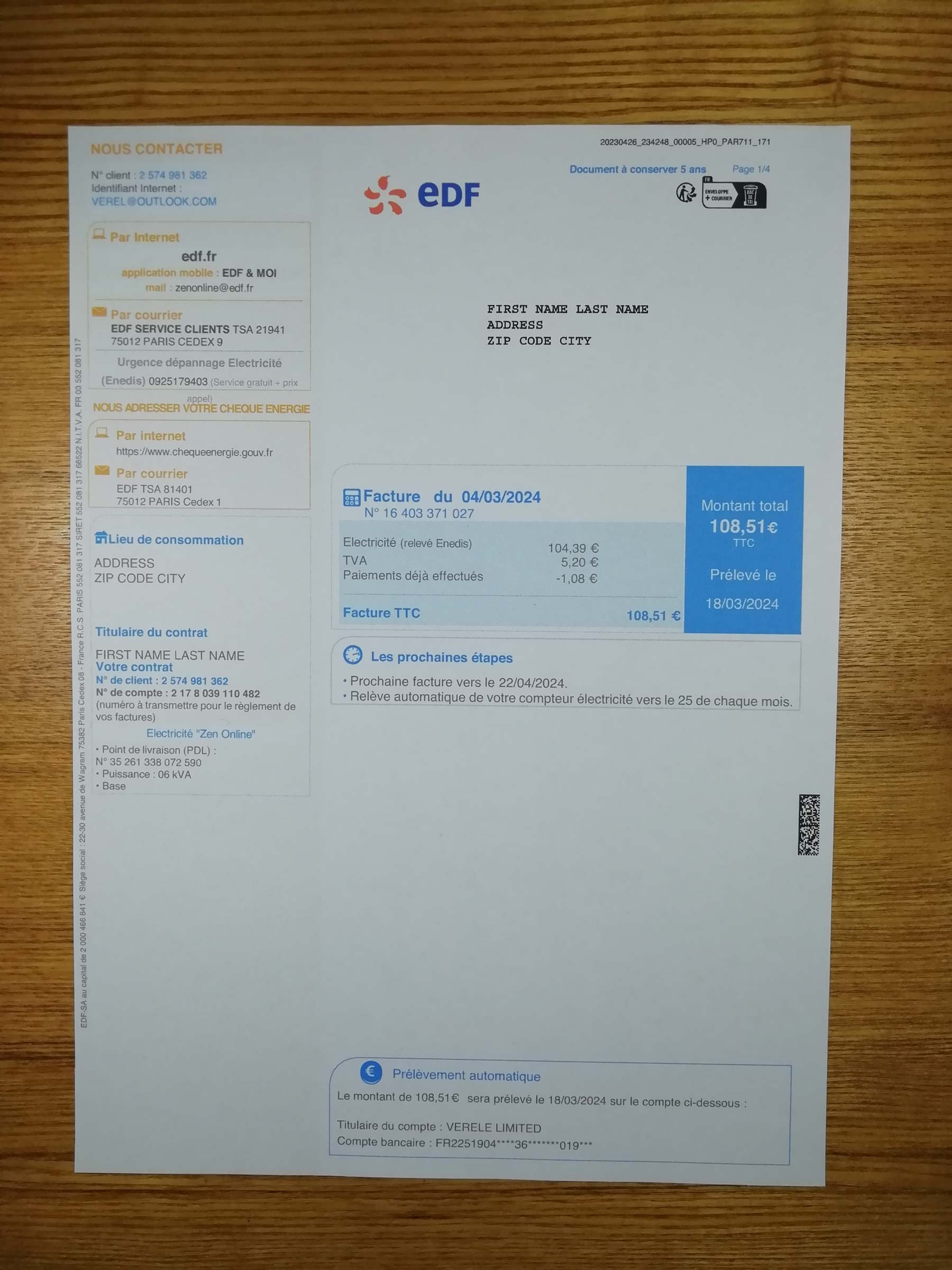 EDF utility bill template