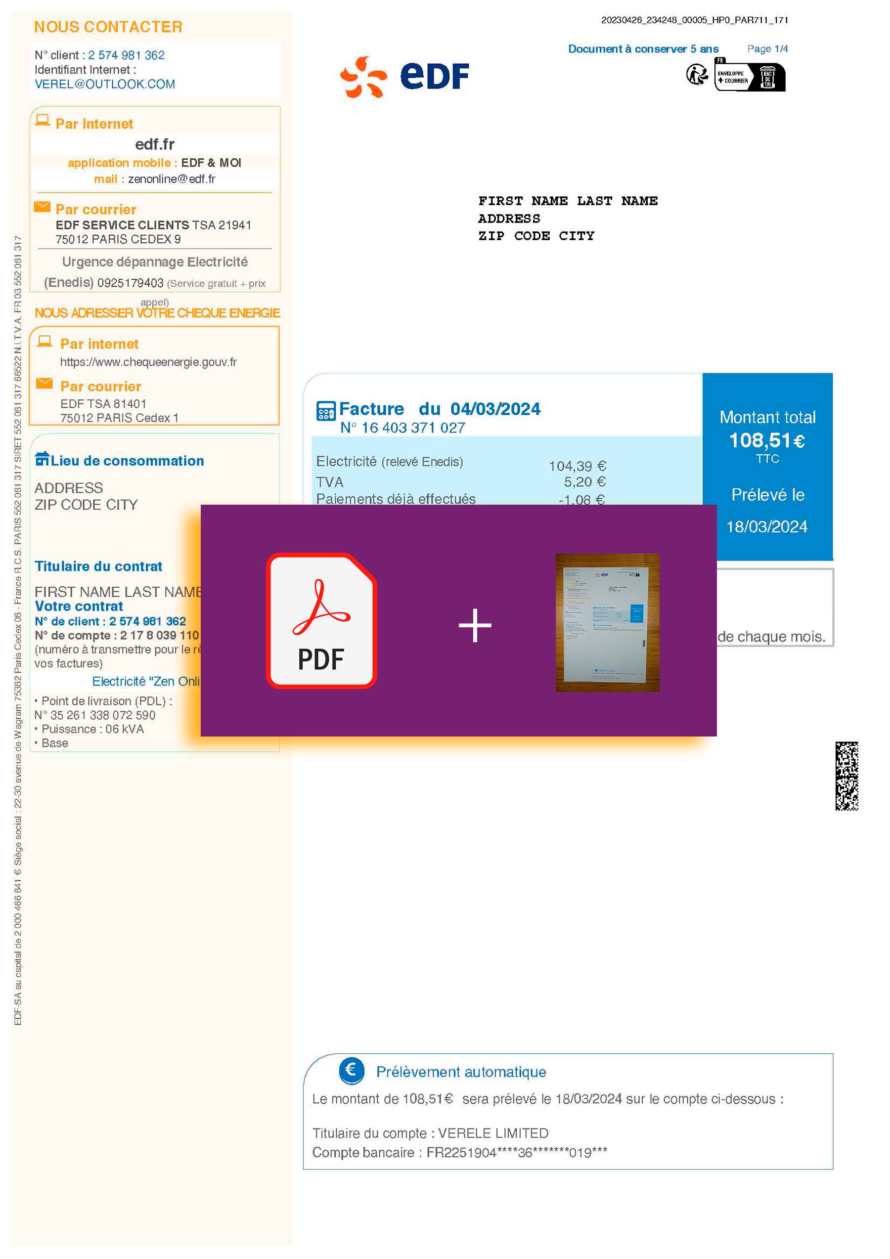 France EDF {State} EDF bill template – includes authenticity banner