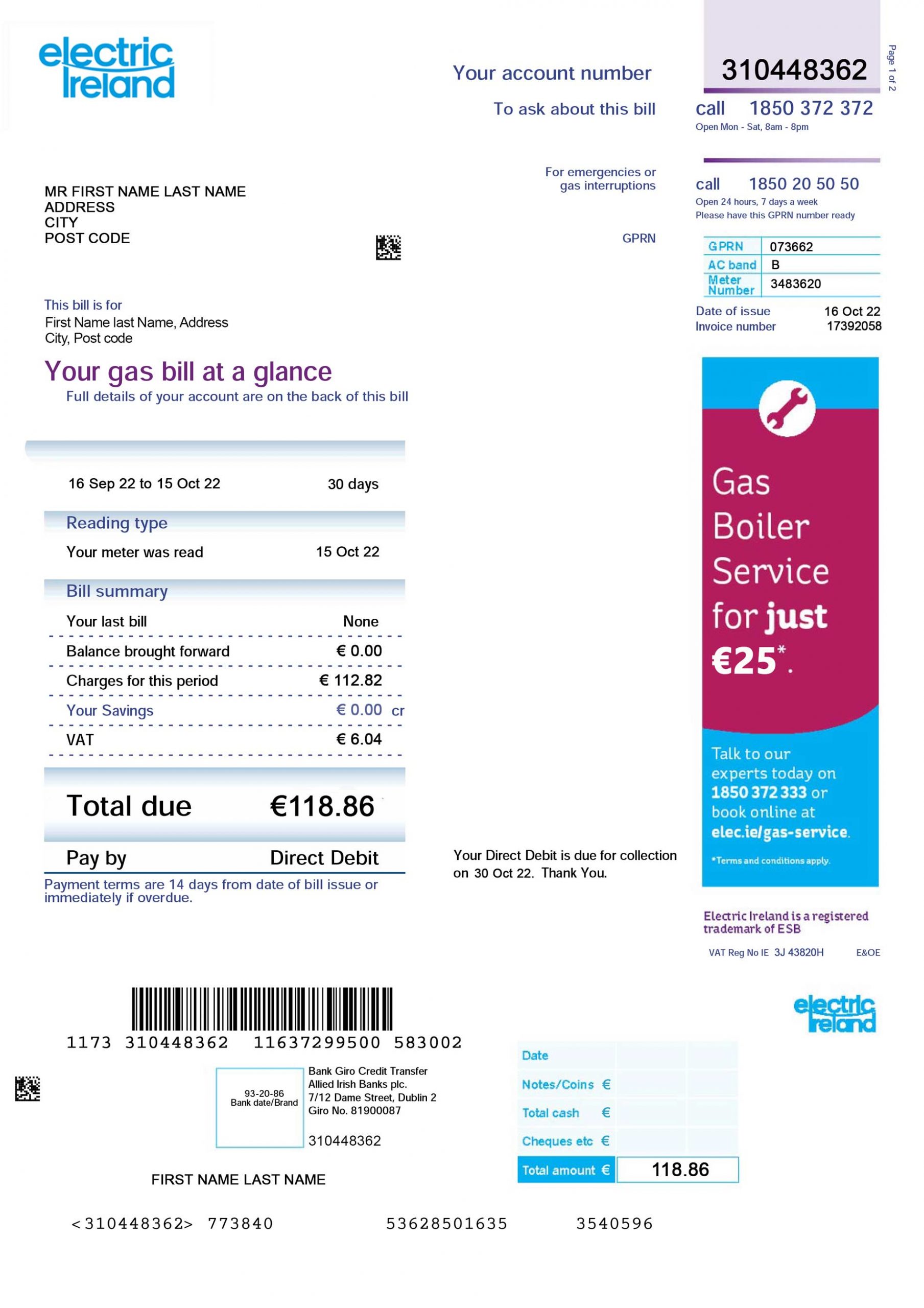 Electric Ireland utility bill template