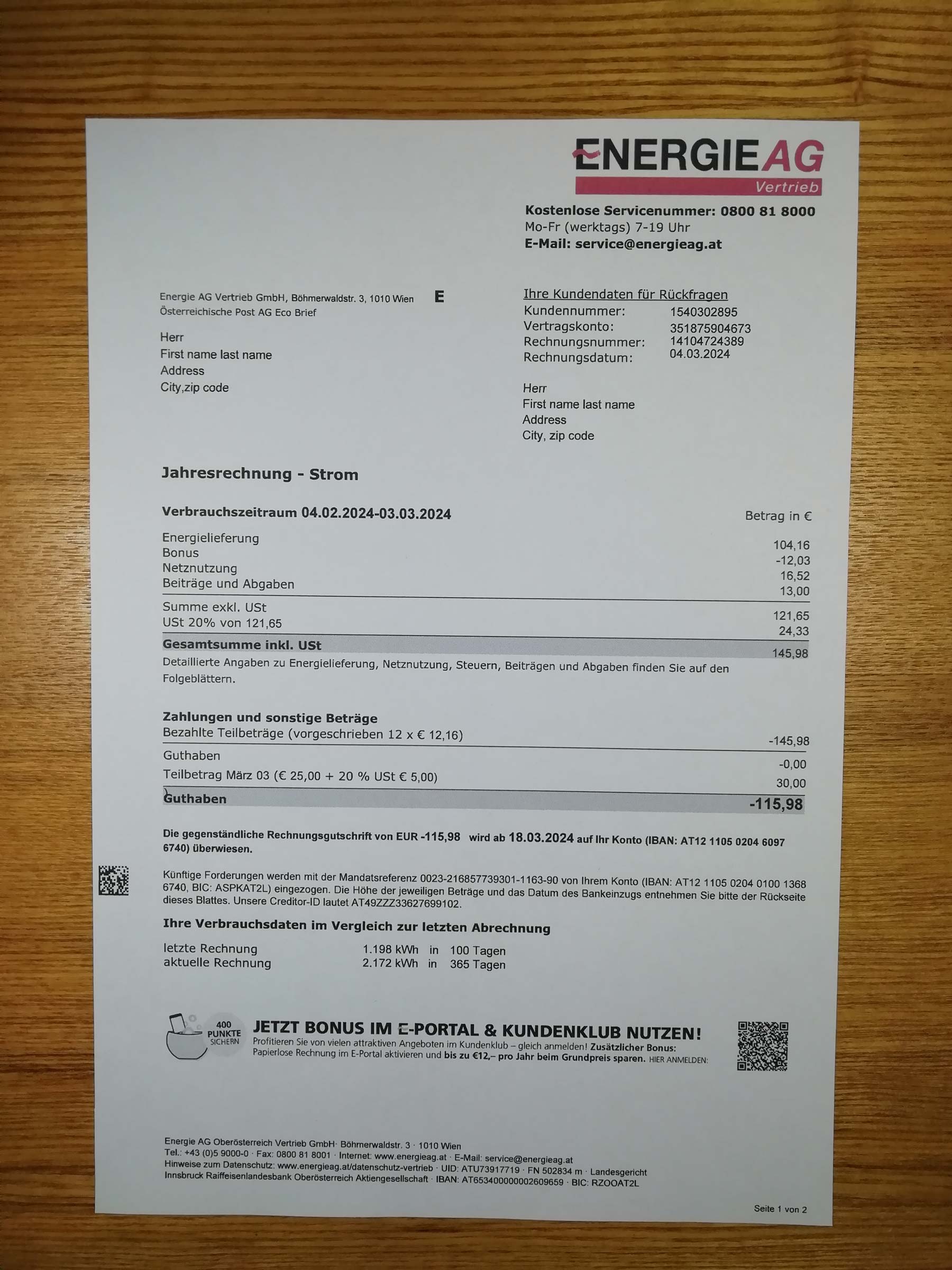 Printed Austria EnergieAG utility bill – real photo for document verification