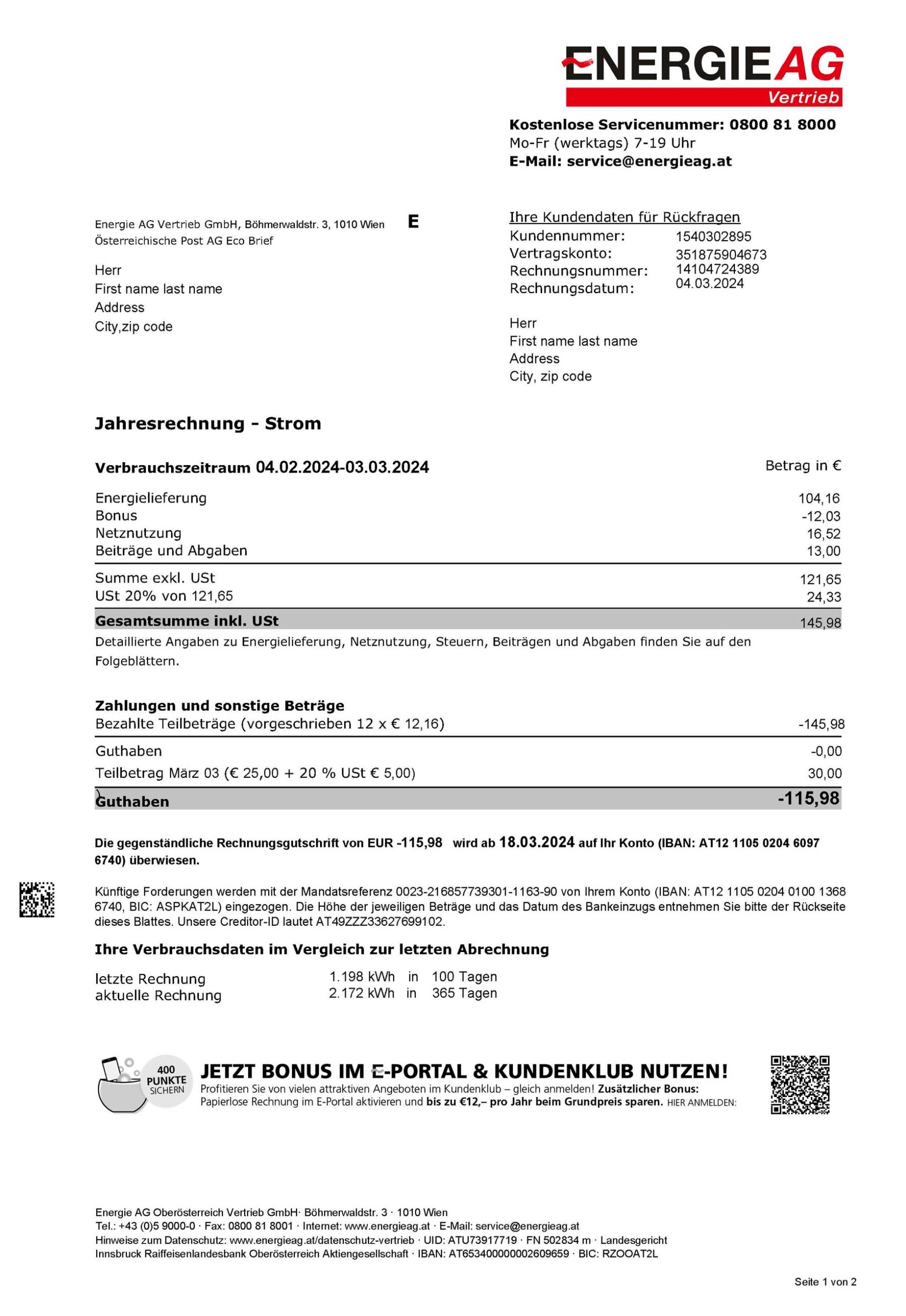 Austria EnergieAG utility bill from {State} – customizable PDF for address proof