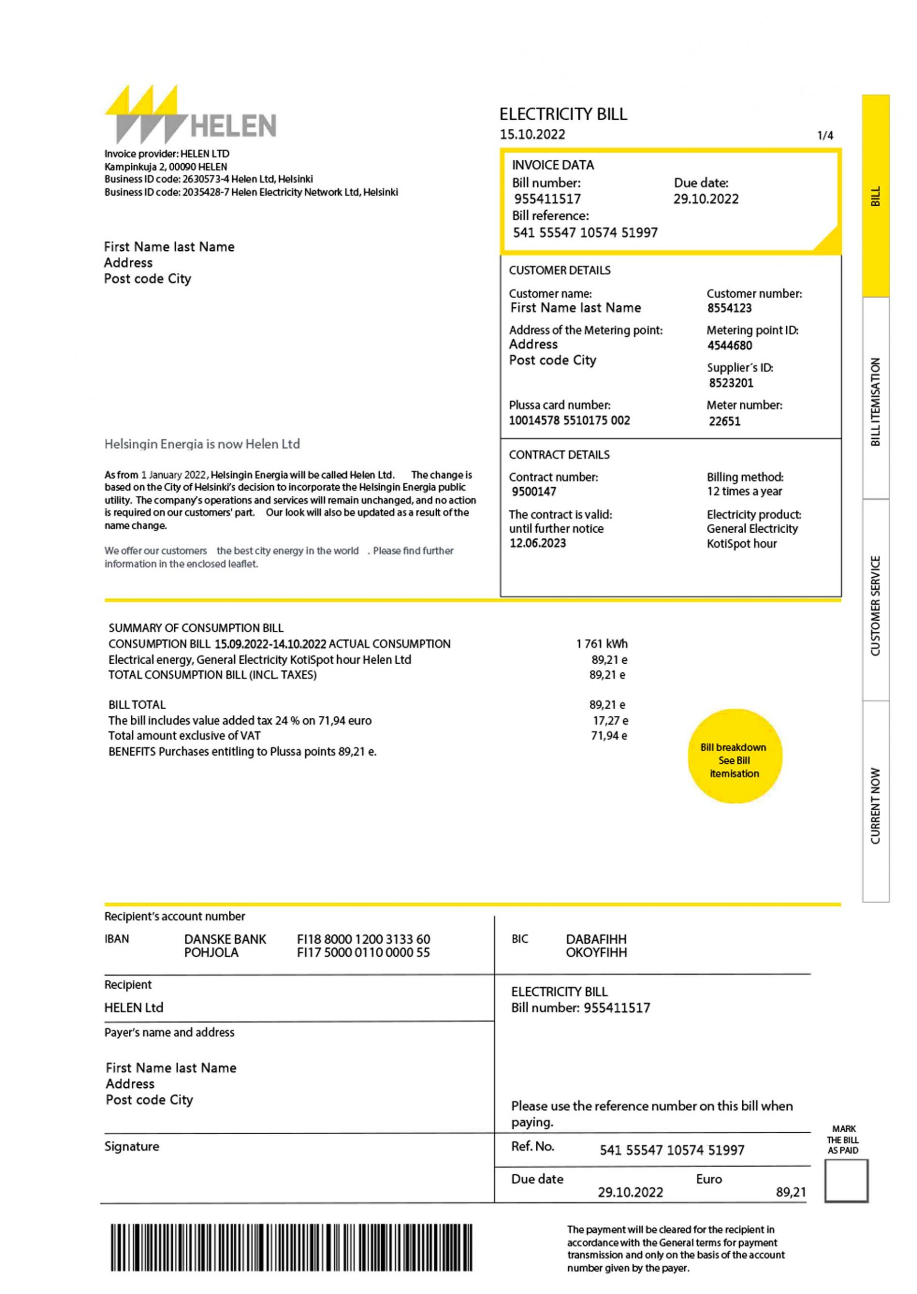 Finland utility bill template