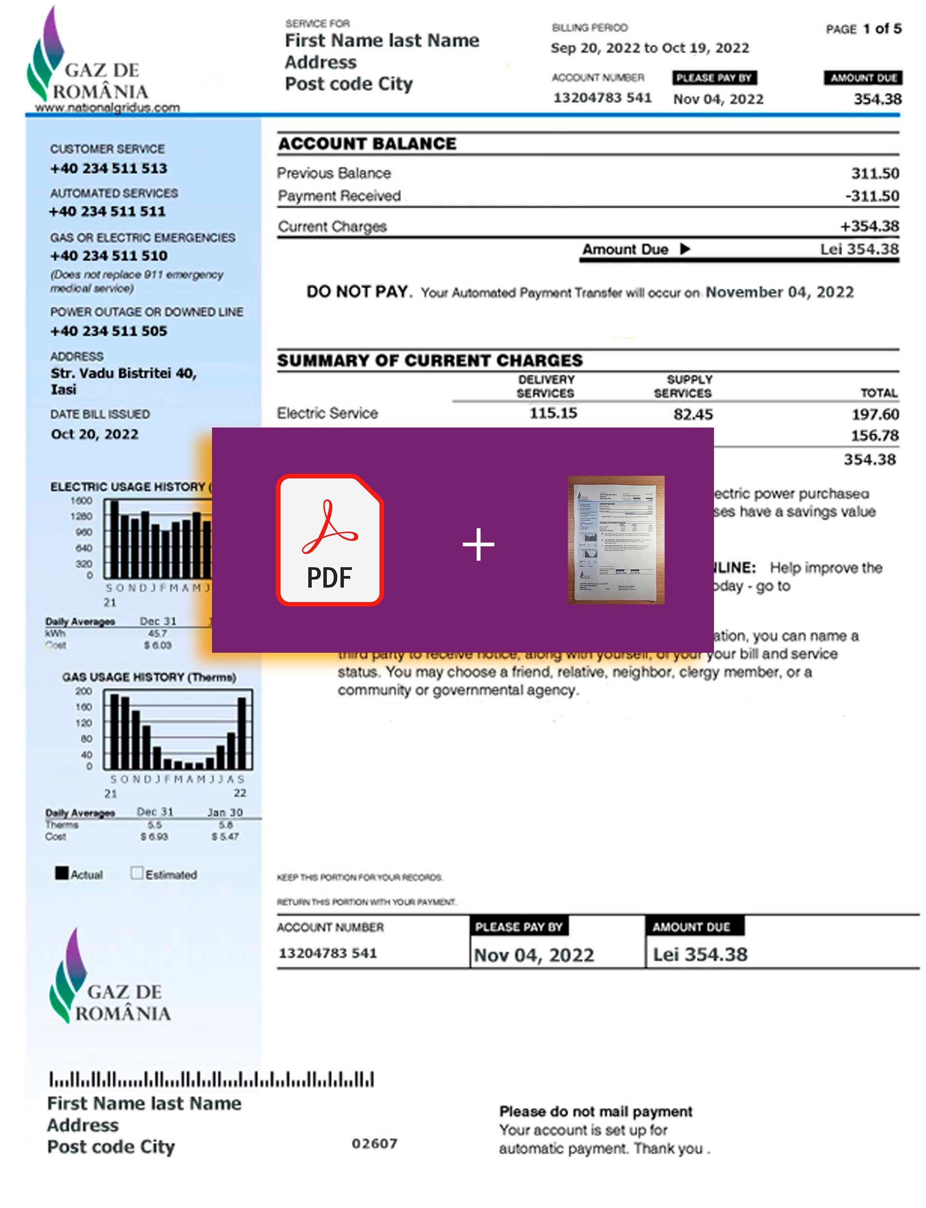 Romania utility bill template