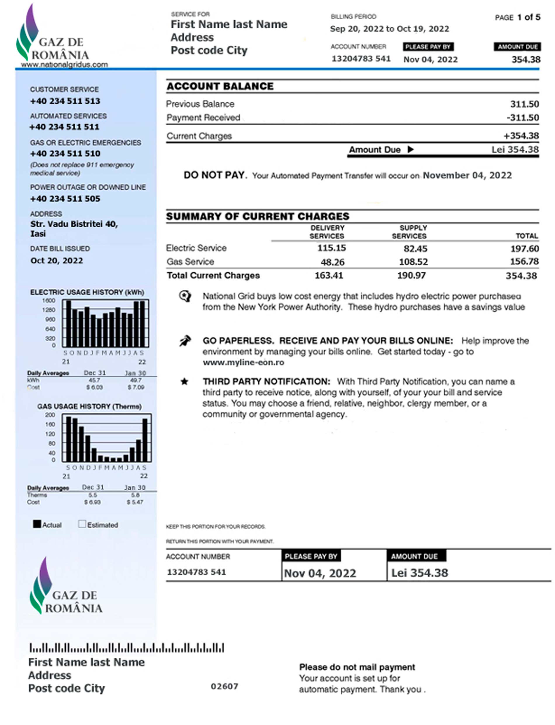 Romania Create utility bill