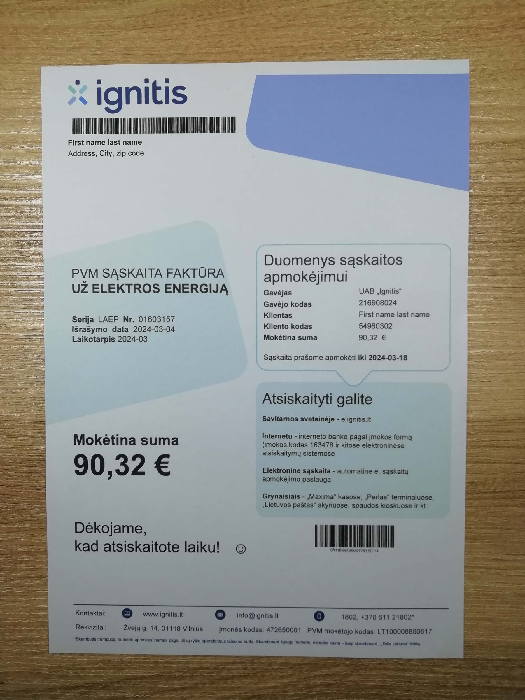Lithuania (LITVA) Ignitis Visual example of printed Ignitis utility bill in {State}