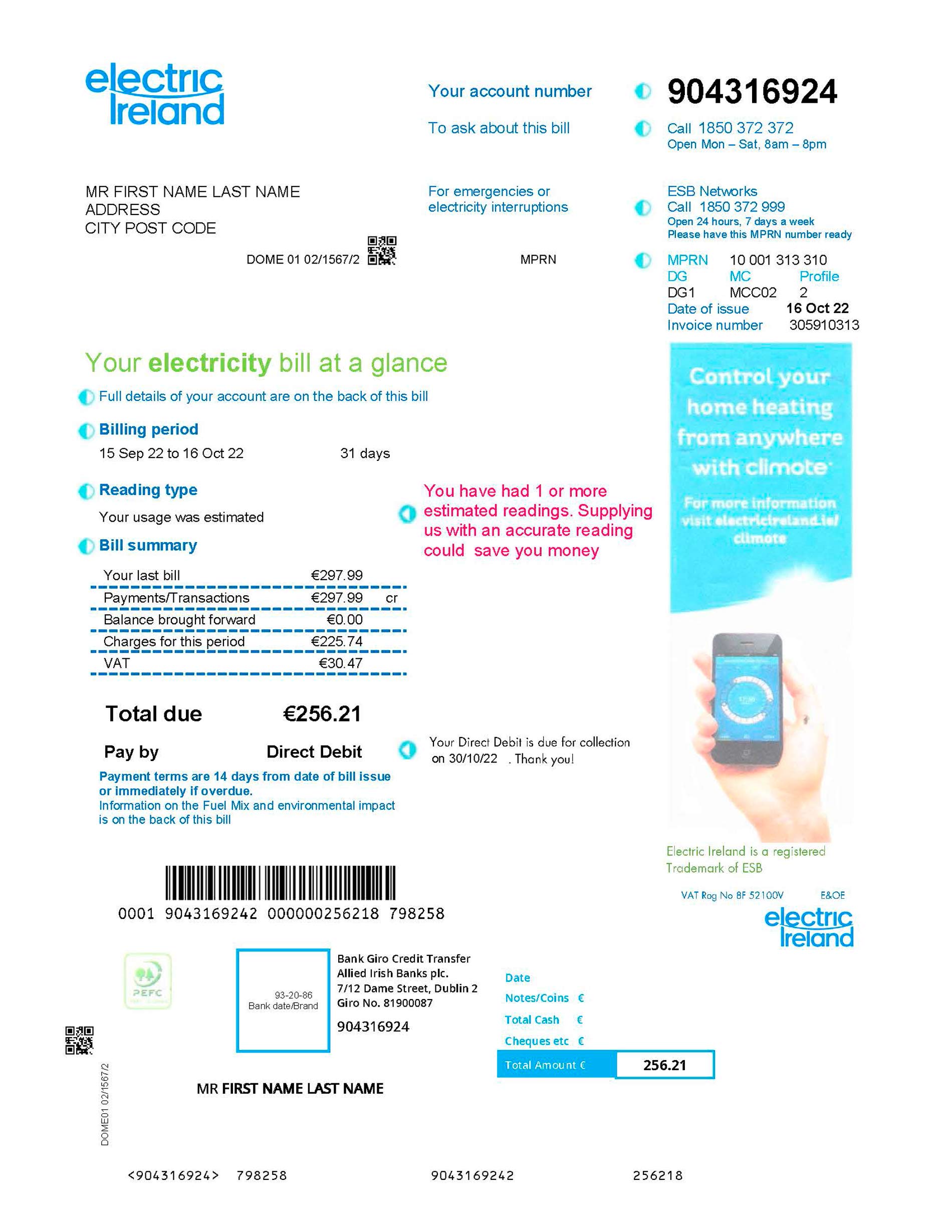 Ireland utility bill template