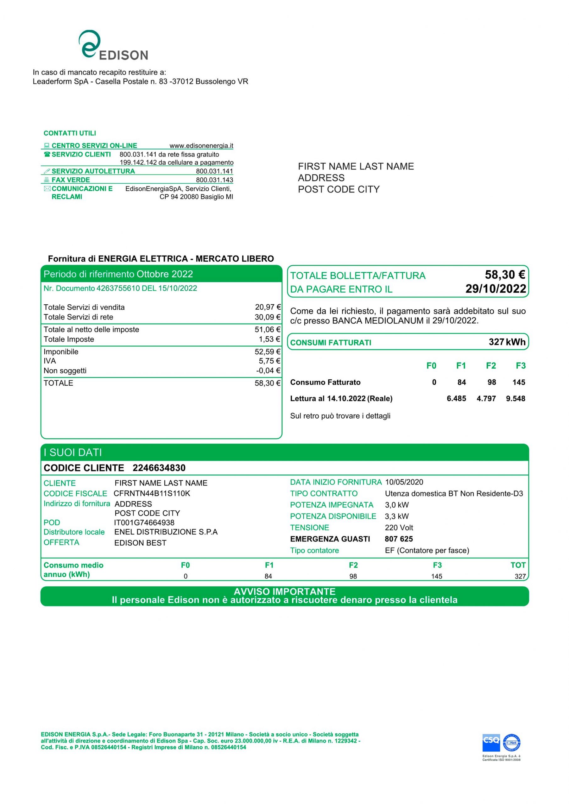 Italy utility bill for proof of address
